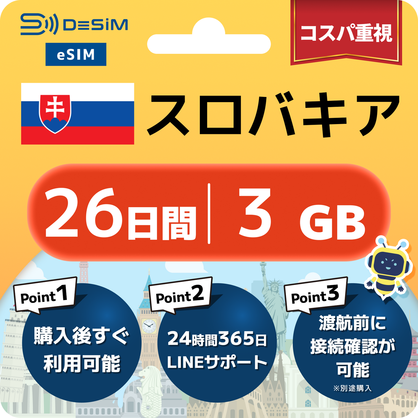 スロバキア eSIM（21~30日間）500MB～50GB選択可能 即日開通 テザリング対応