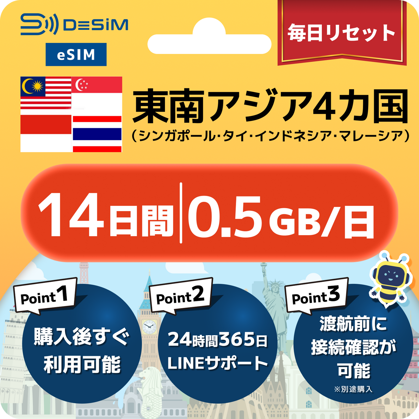 東南アジア eSIM（11~20日間）500MB～50GB選択可能 即日開通 テザリング対応