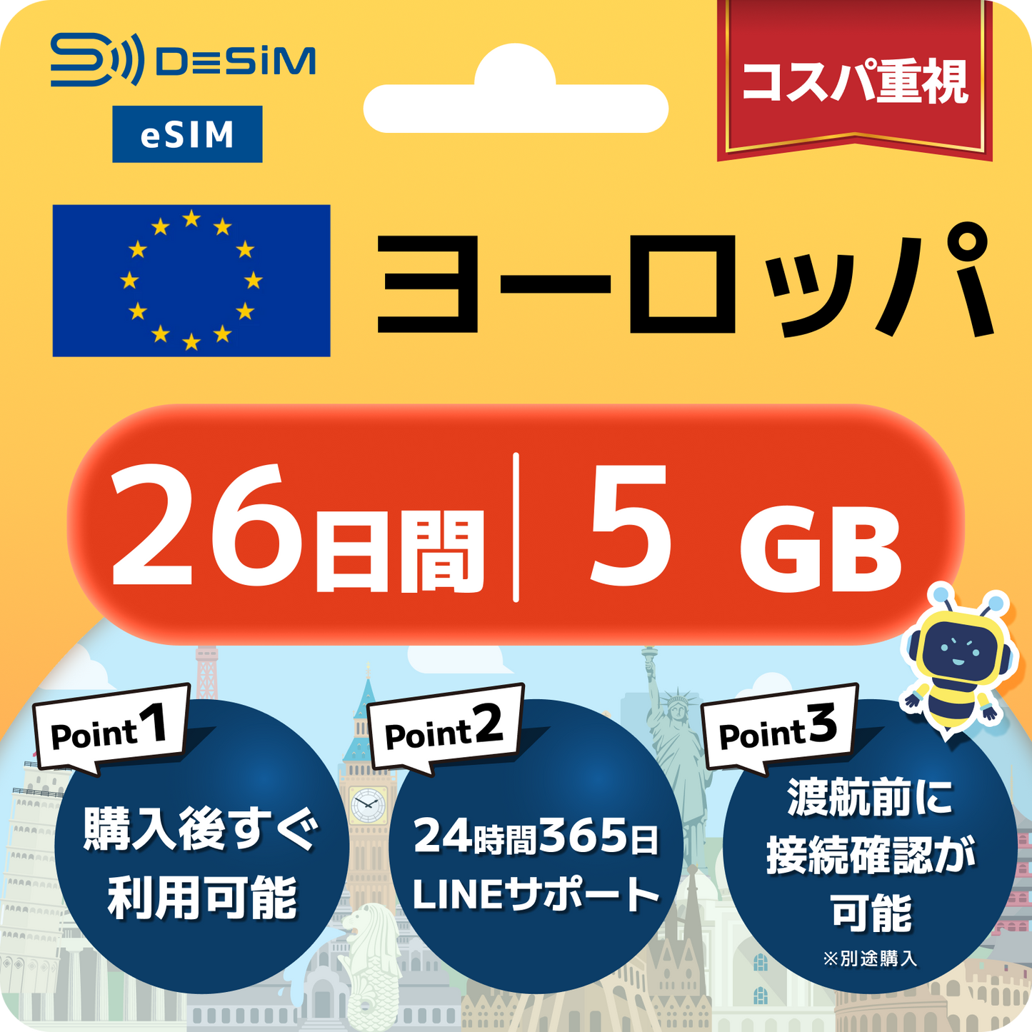 ヨーロッパ eSIM（21~30日間）500MB～50GB選択可能 即日開通 テザリング対応