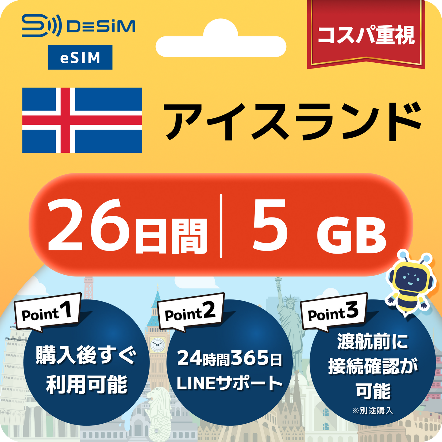 アイスランド eSIM（21~30日間）500MB～50GB選択可能 即日開通 テザリング対応