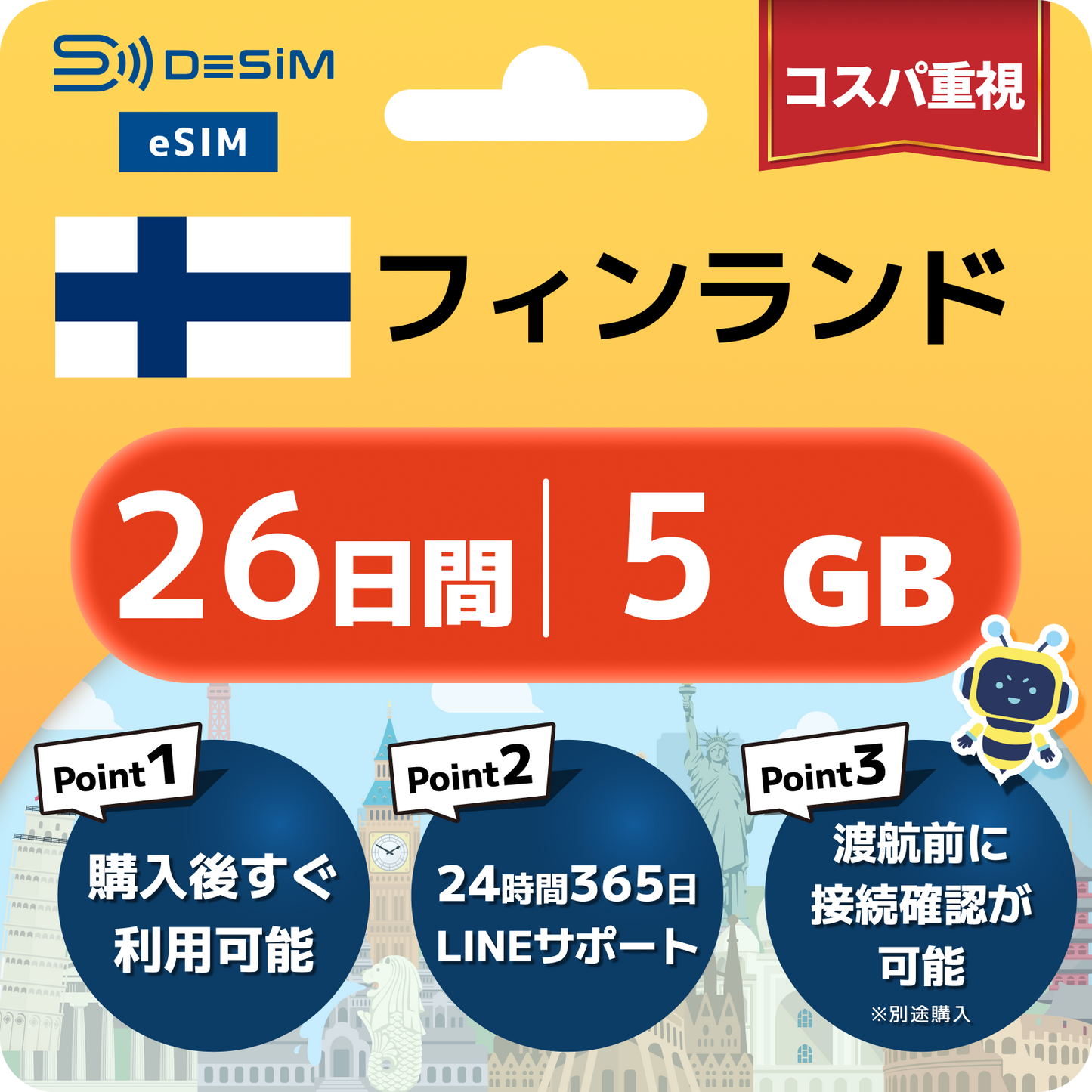 フィンランド eSIM（21~30日間）500MB～50GB選択可能 即日開通 テザリング対応