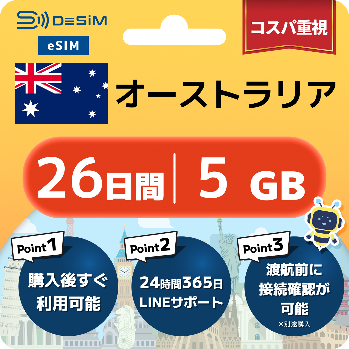 オーストラリア eSIM（21~30日間）500MB～50GB選択可能 即日開通 テザリング対応