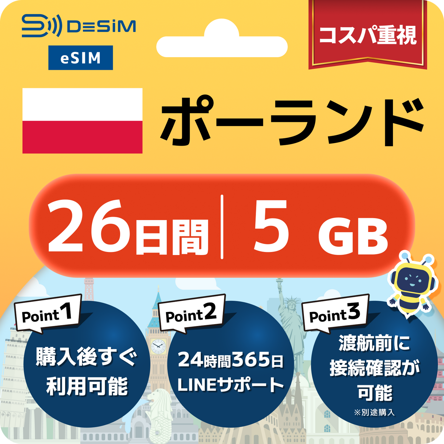 ポーランド eSIM（21~30日間）500MB～50GB選択可能 即日開通 テザリング対応