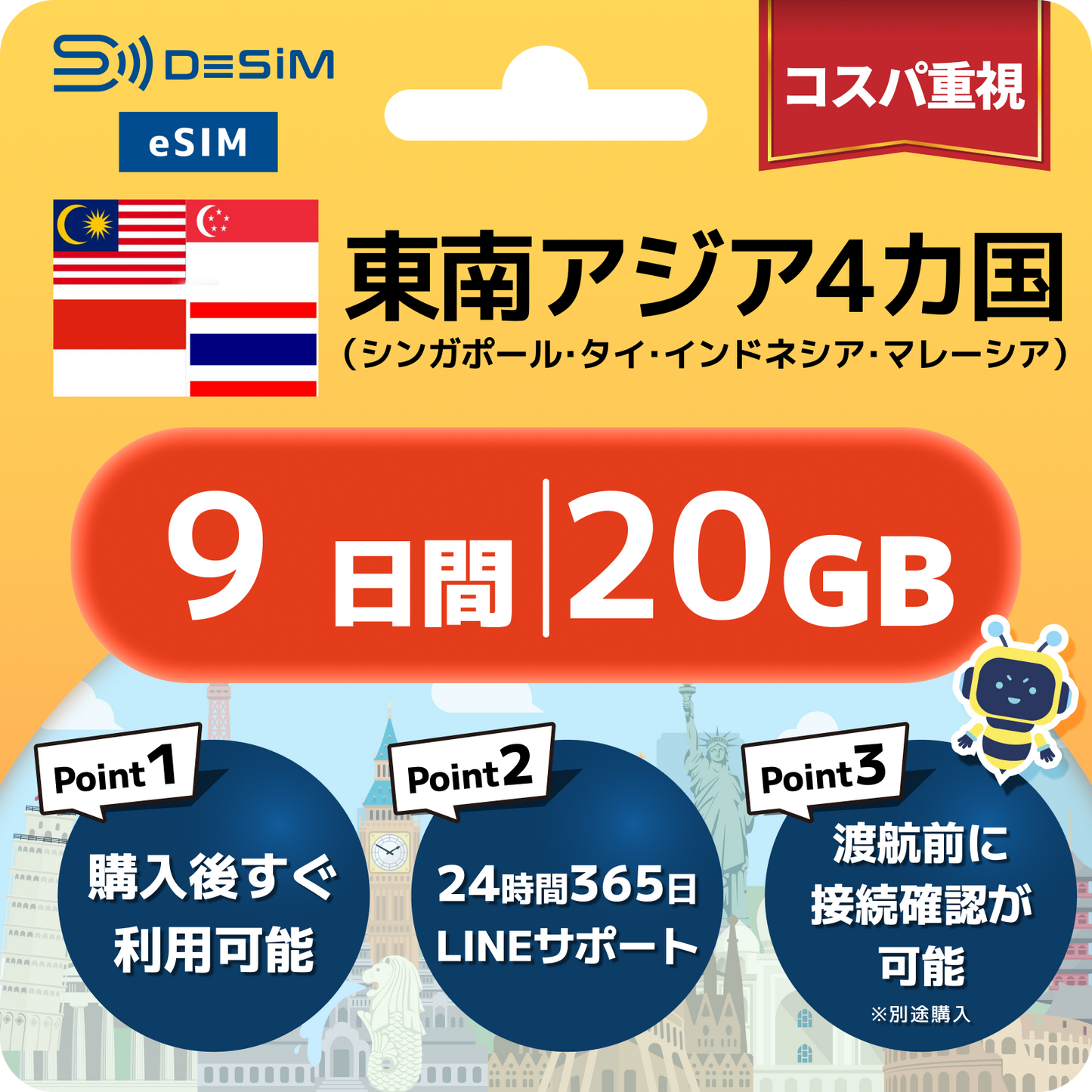 東南アジア eSIM（ 1~10日間）500MB～50GB選択可能 即日開通 テザリング対応