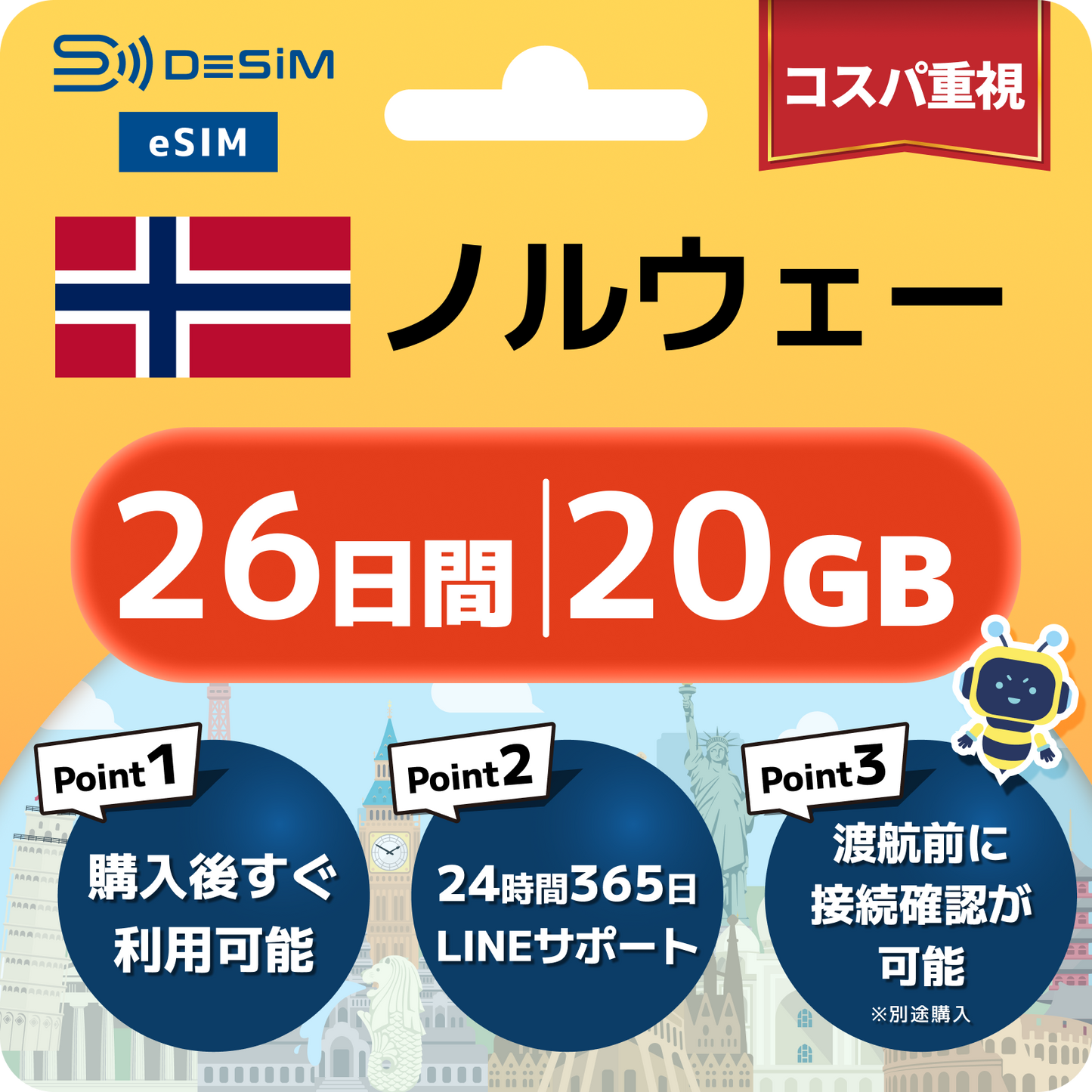 ノルウェー eSIM（21~30日間）500MB～50GB選択可能 即日開通 テザリング対応