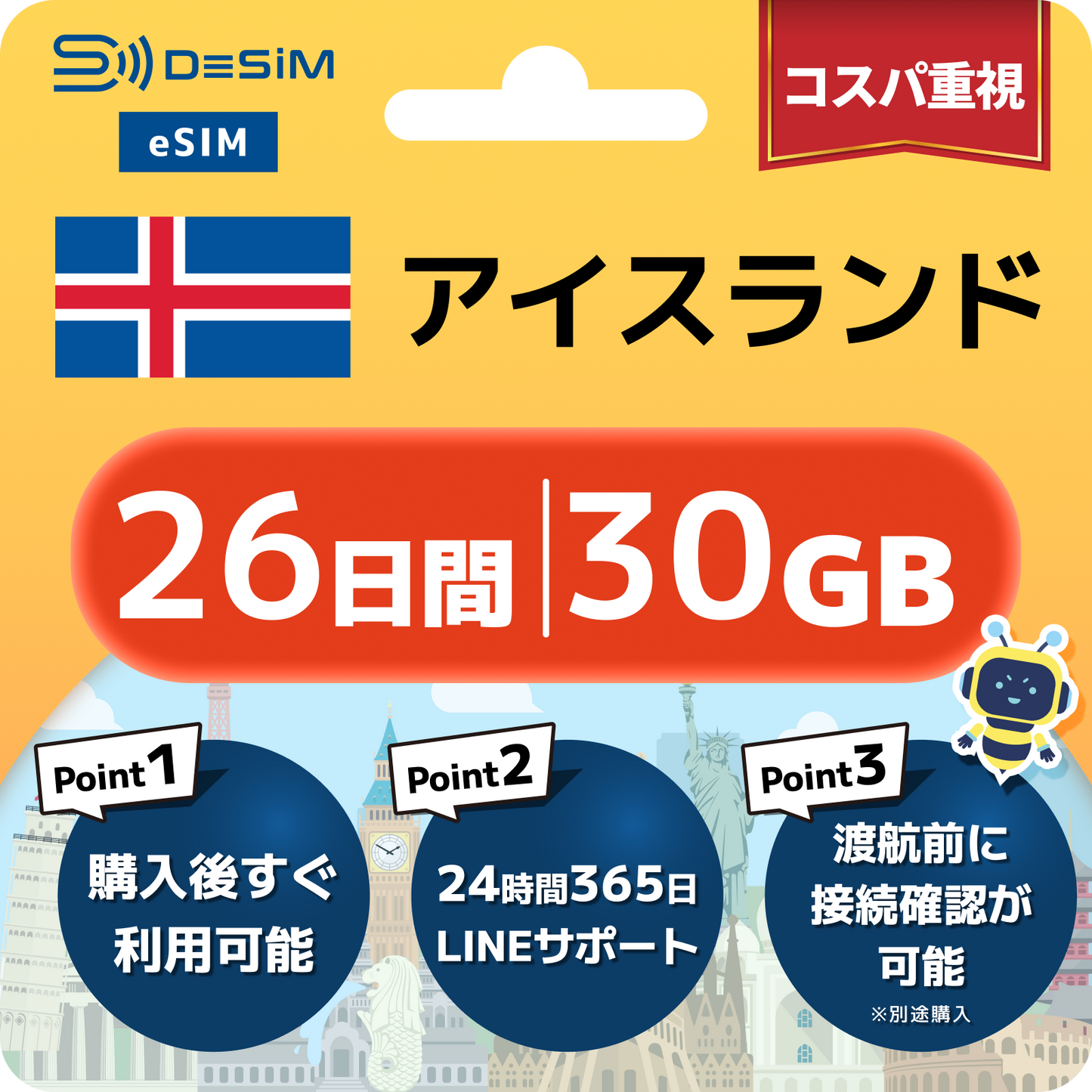 アイスランド eSIM（21~30日間）500MB～50GB選択可能 即日開通 テザリング対応