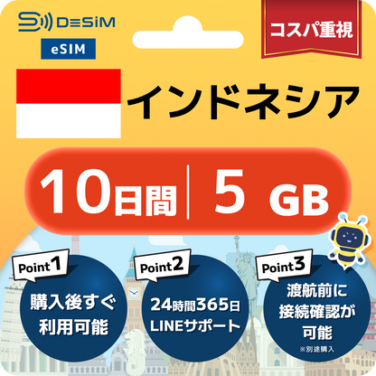 インドネシア eSIM（ 1~10日間）500MB～50GB選択可能 即日開通 テザリング対応