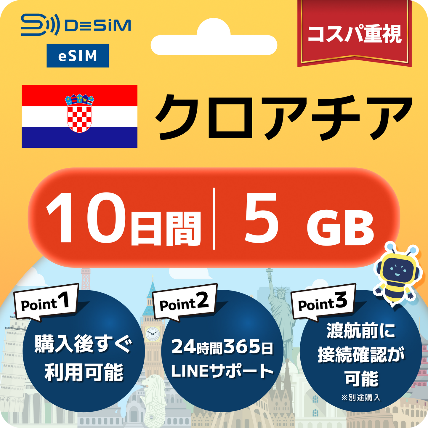 クロアチア eSIM（ 1~10日間）500MB～50GB選択可能 即日開通 テザリング対応