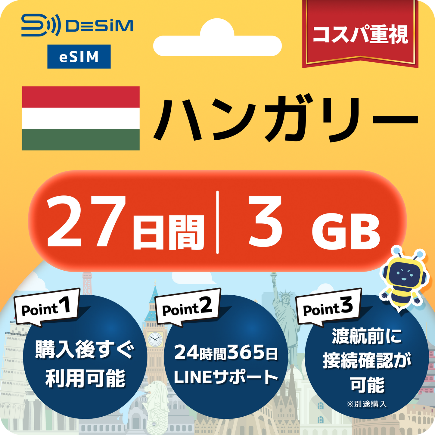 ハンガリー eSIM（21~30日間）500MB～50GB選択可能 即日開通 テザリング対応