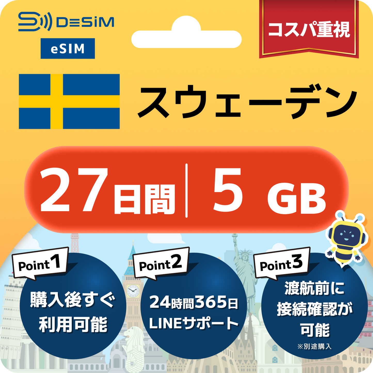 スウェーデン eSIM（21~30日間）500MB～50GB選択可能 即日開通 テザリング対応