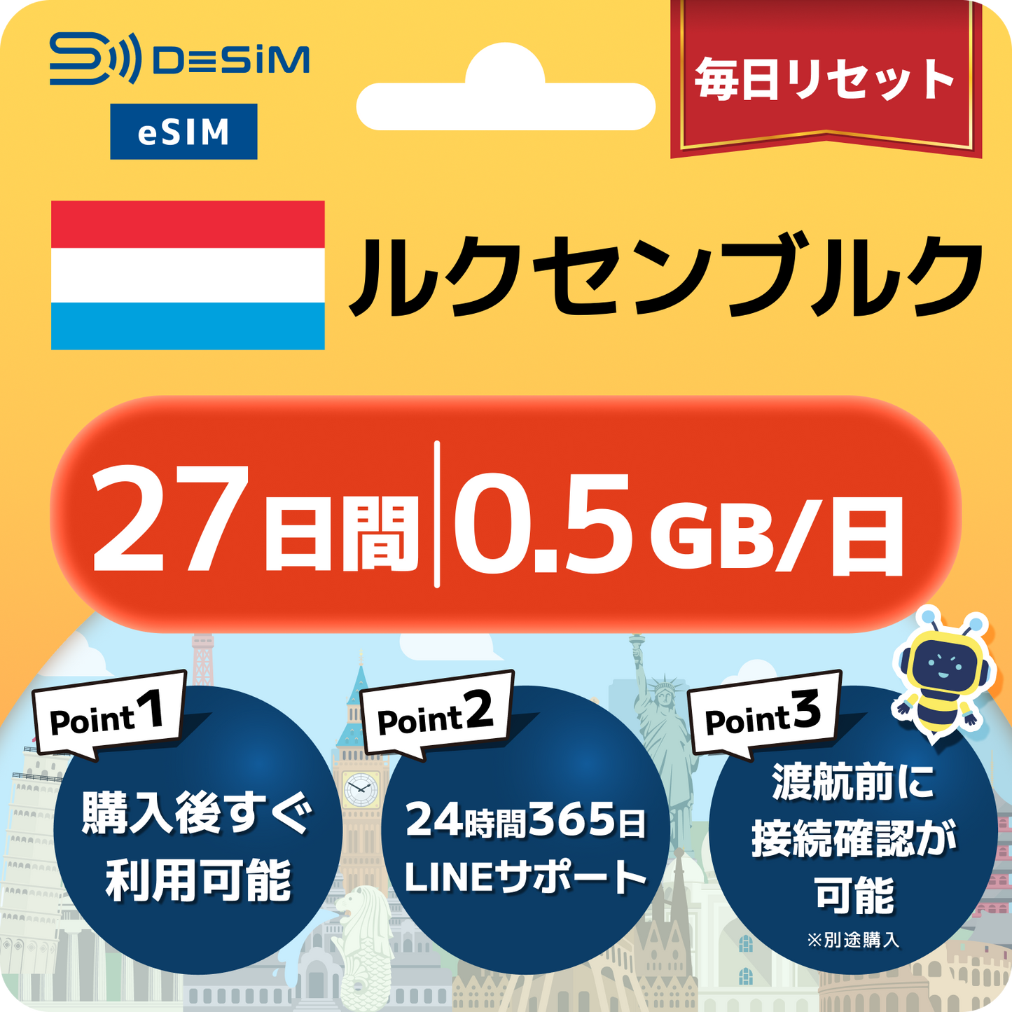 ルクセンブルク eSIM（21~30日間）500MB～50GB選択可能 即日開通 テザリング対応