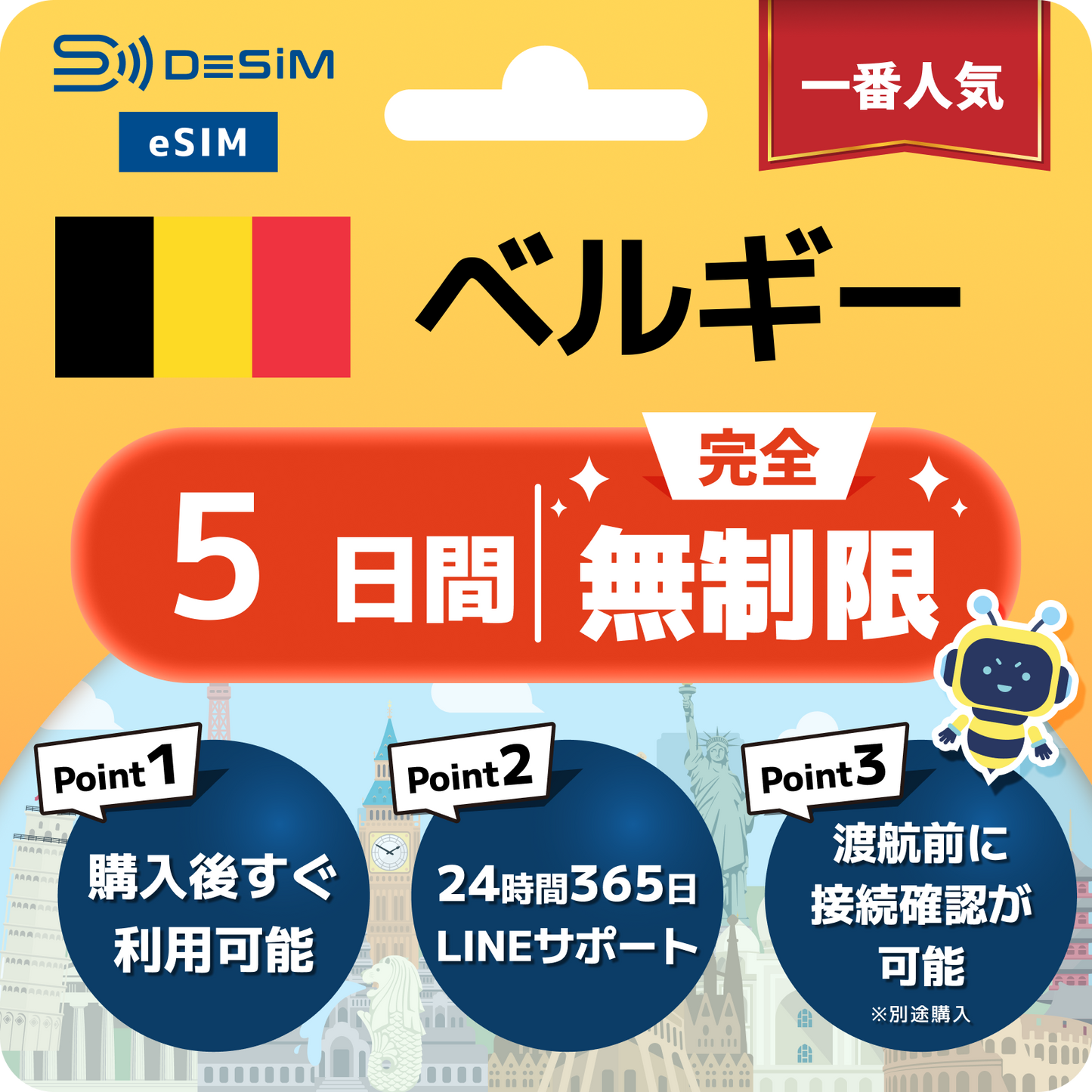 ベルギー eSIM（1~30日間） 完全無制限eSIM 即日開通 テザリング対応