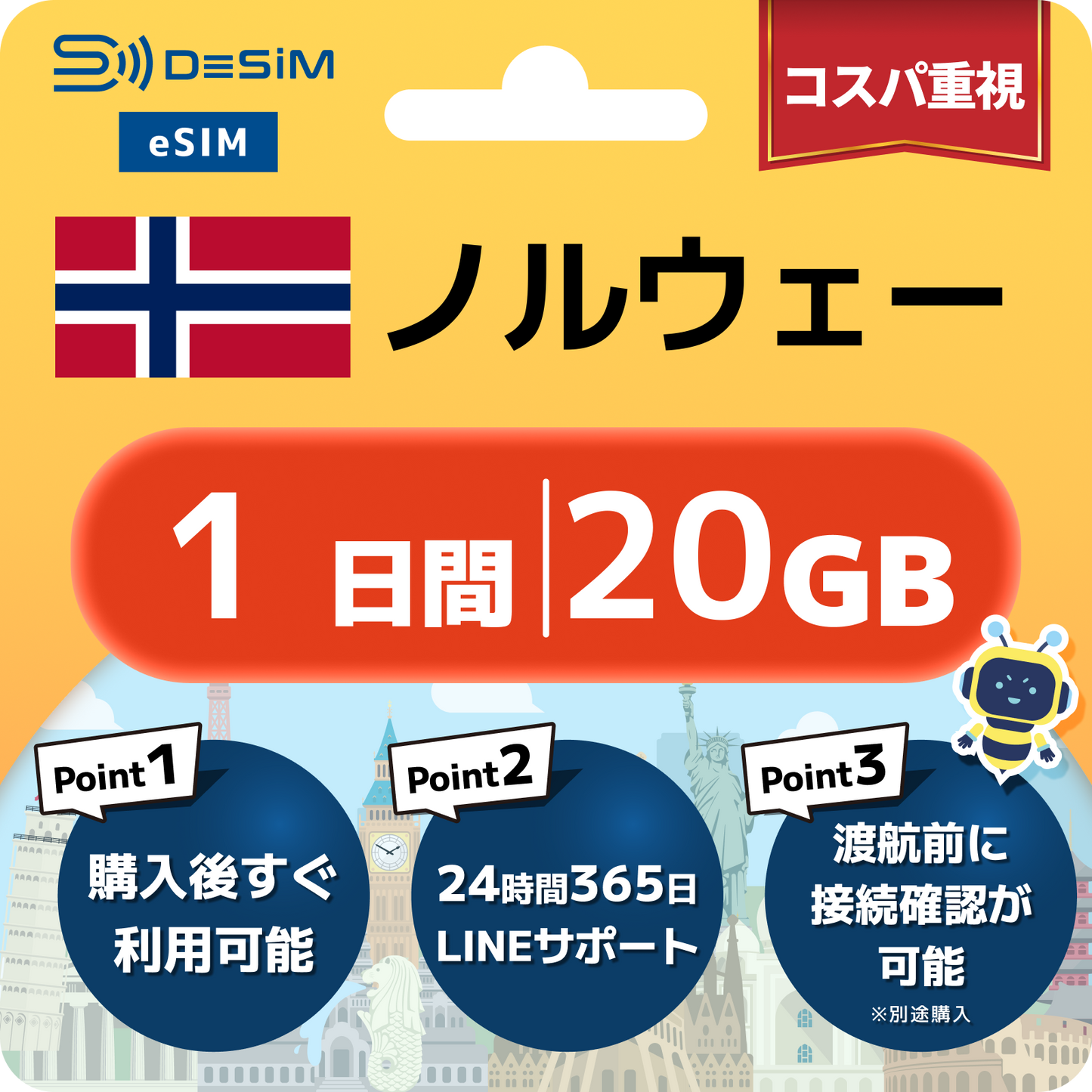 ノルウェー eSIM（ 1~10日間）500MB～50GB選択可能 即日開通 テザリング対応