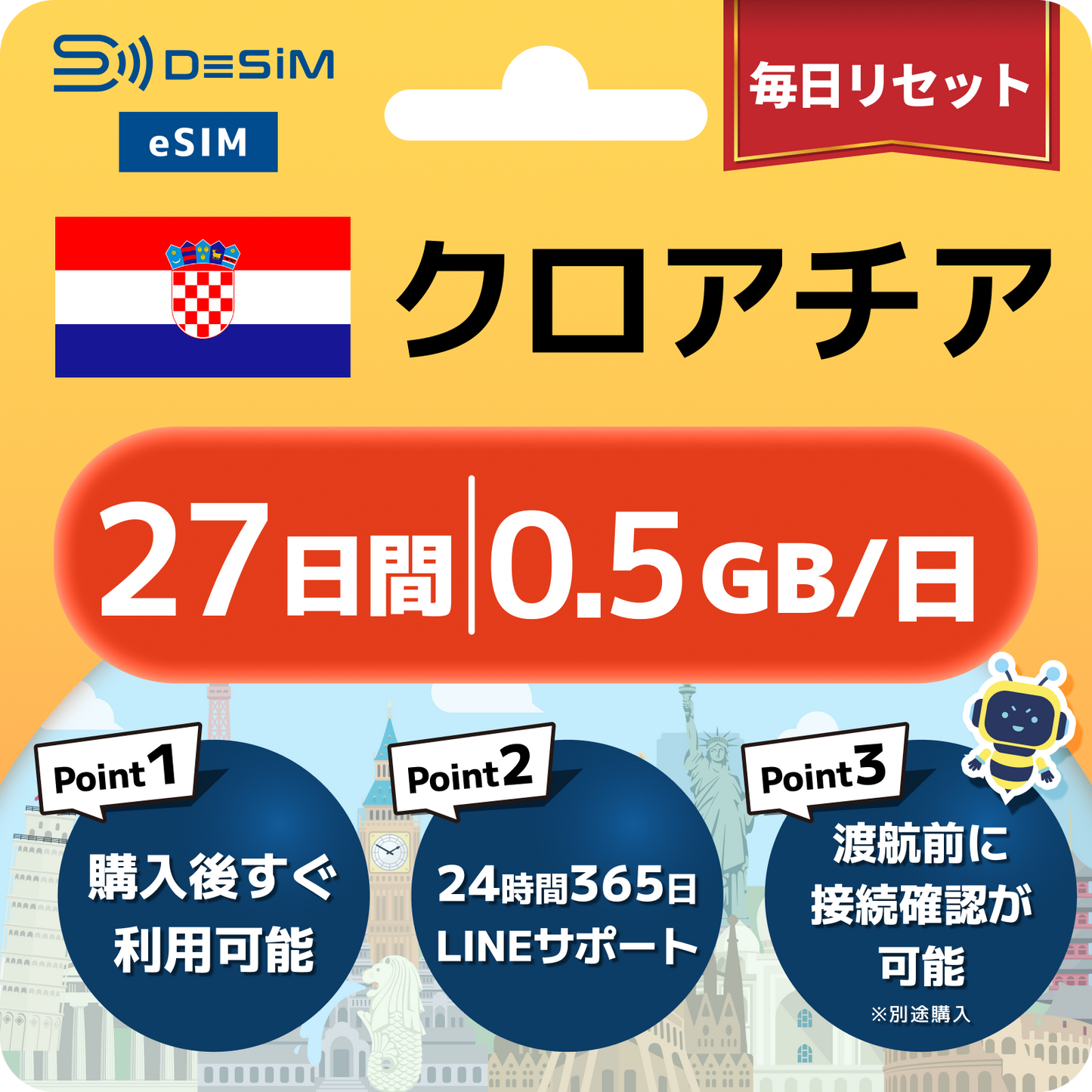 クロアチア eSIM（21~30日間）500MB～50GB選択可能 即日開通 テザリング対応