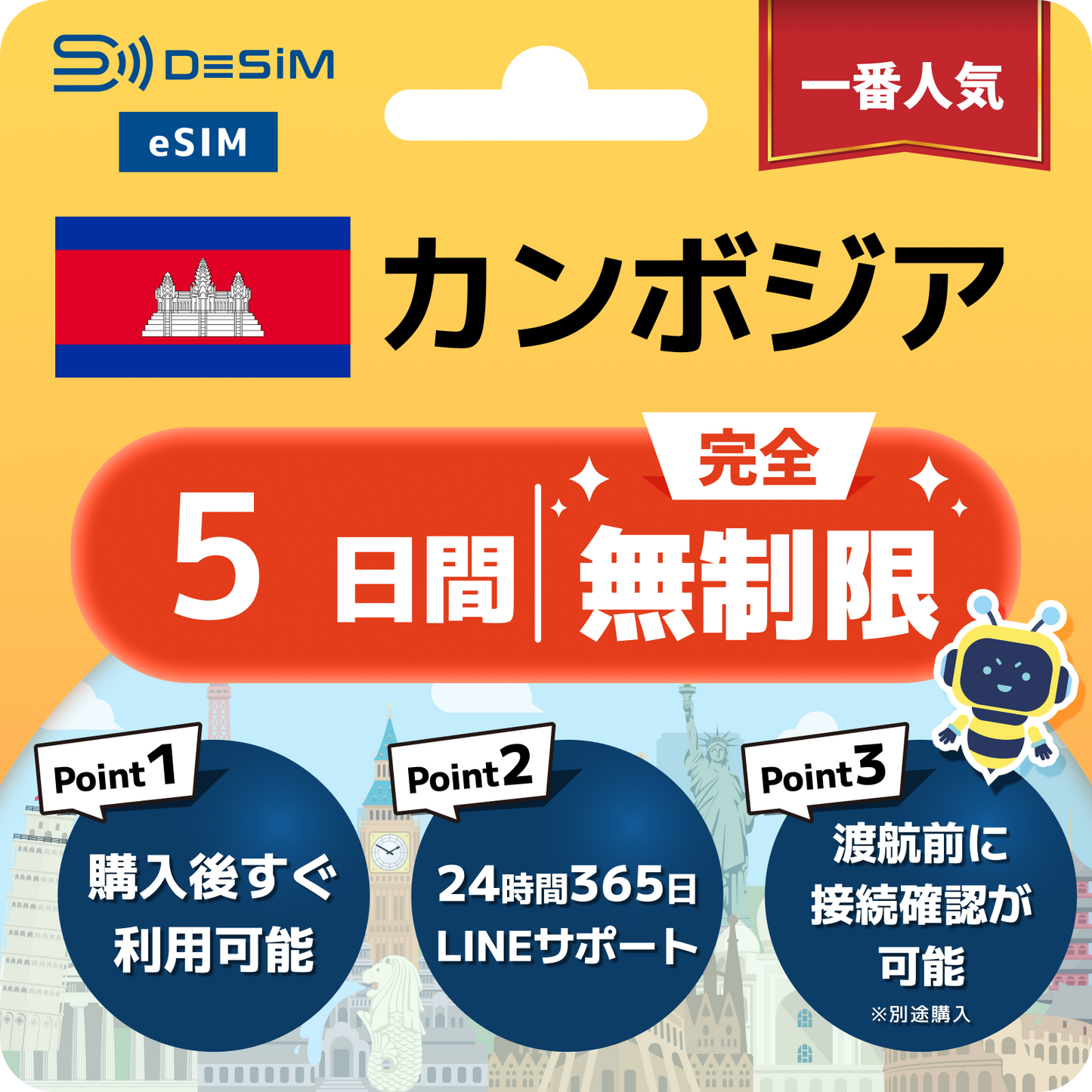 カンボジア eSIM（1~30日間） 完全無制限eSIM 即日開通 テザリング対応