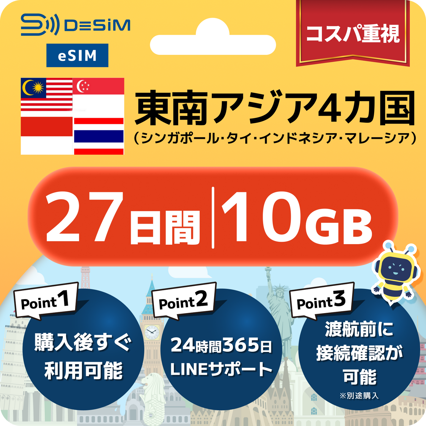 東南アジア eSIM（21~30日間）500MB～50GB選択可能 即日開通 テザリング対応