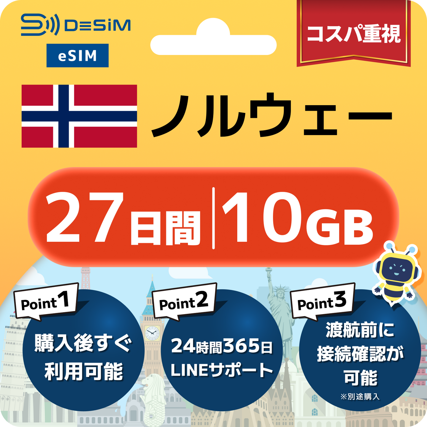 ノルウェー eSIM（21~30日間）500MB～50GB選択可能 即日開通 テザリング対応