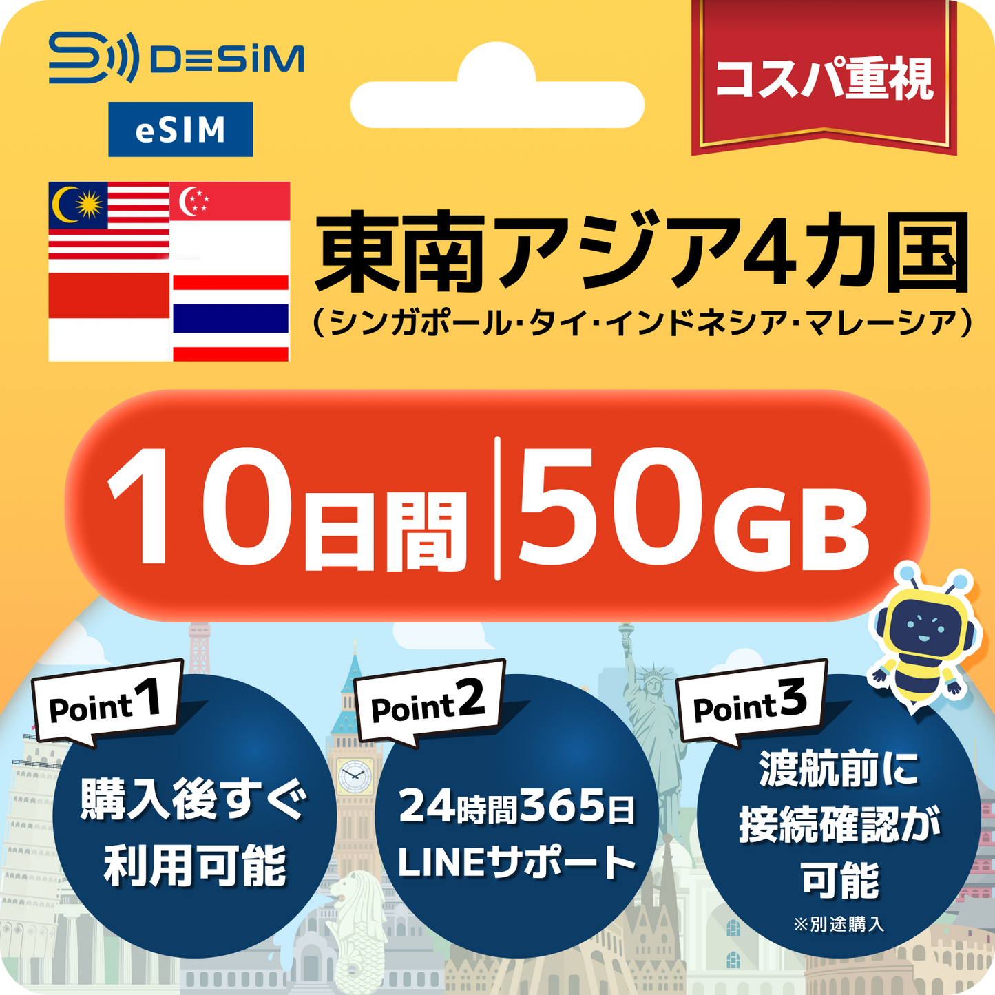 東南アジア eSIM（ 1~10日間）500MB～50GB選択可能 即日開通 テザリング対応