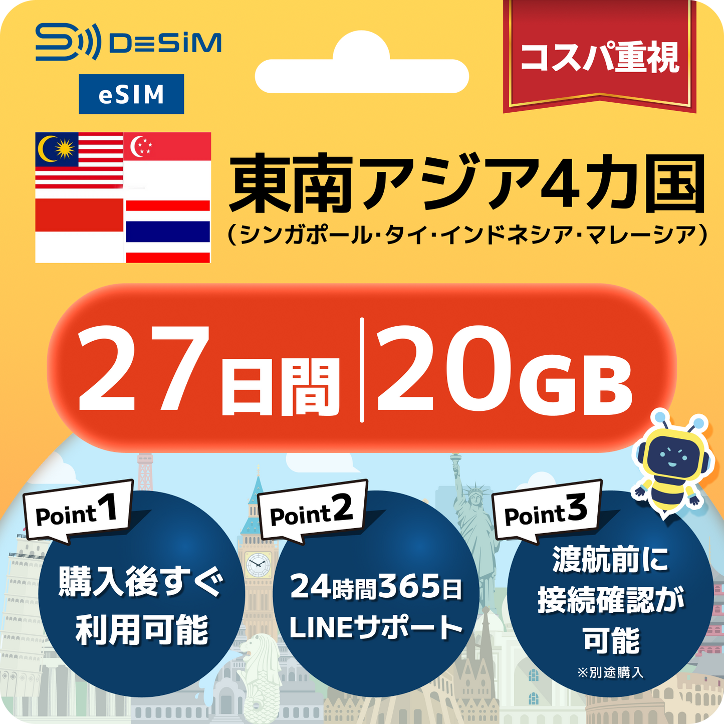 東南アジア eSIM（21~30日間）500MB～50GB選択可能 即日開通 テザリング対応