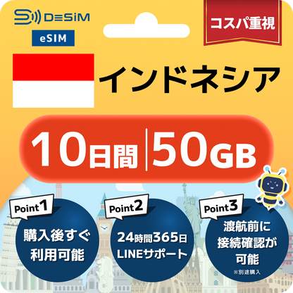 インドネシア eSIM（ 1~10日間）500MB～50GB選択可能 即日開通 テザリング対応