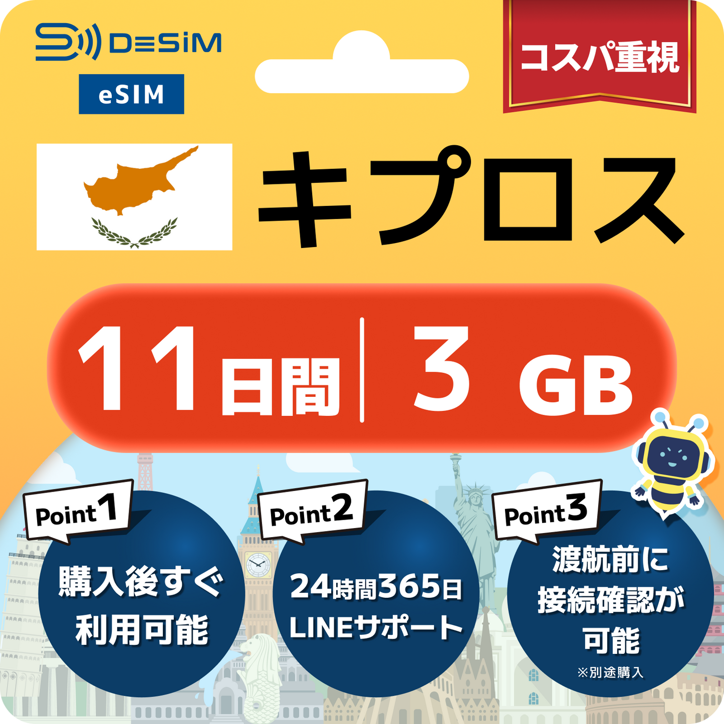 キプロス eSIM（11~20日間）500MB～50GB選択可能 即日開通 テザリング対応