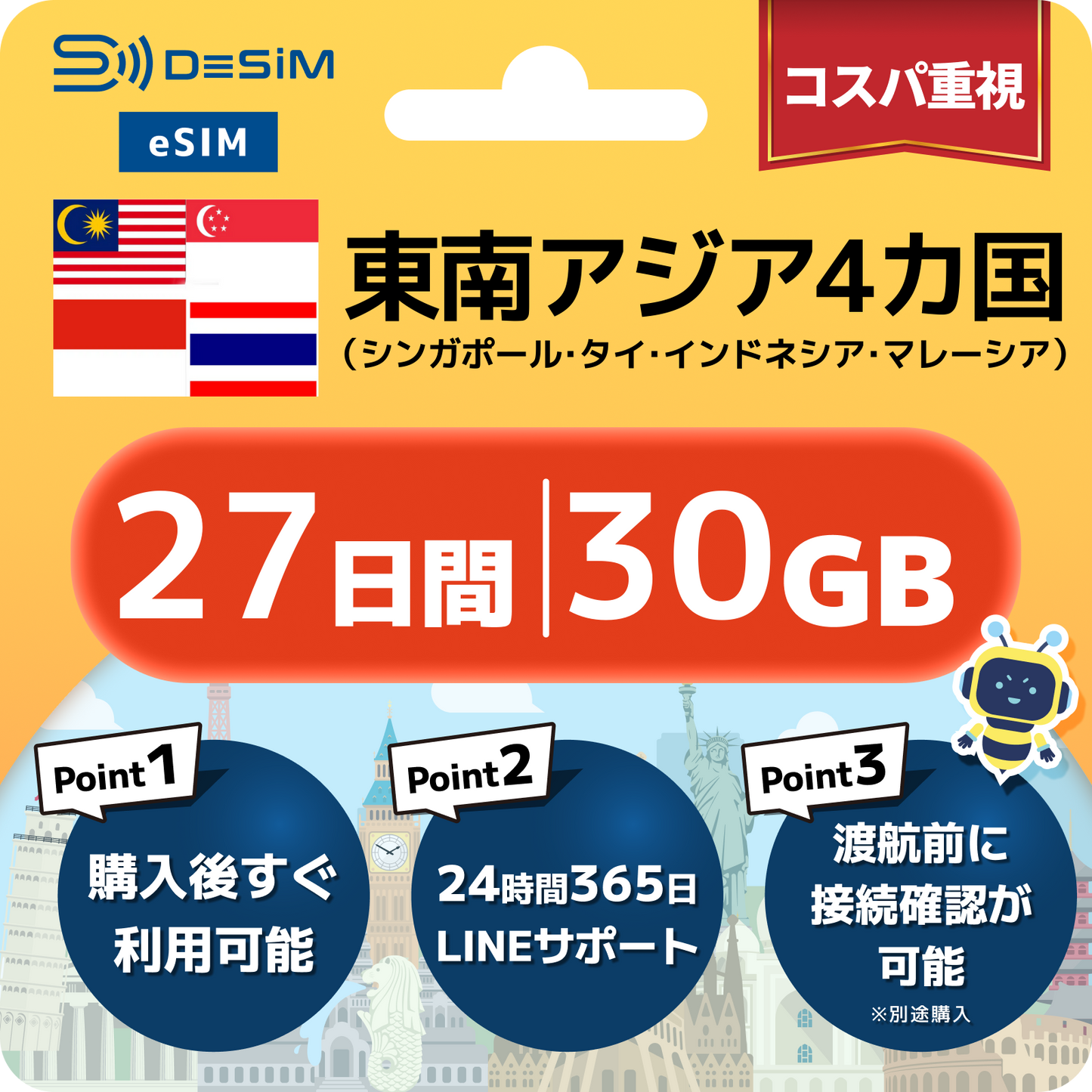 東南アジア eSIM（21~30日間）500MB～50GB選択可能 即日開通 テザリング対応