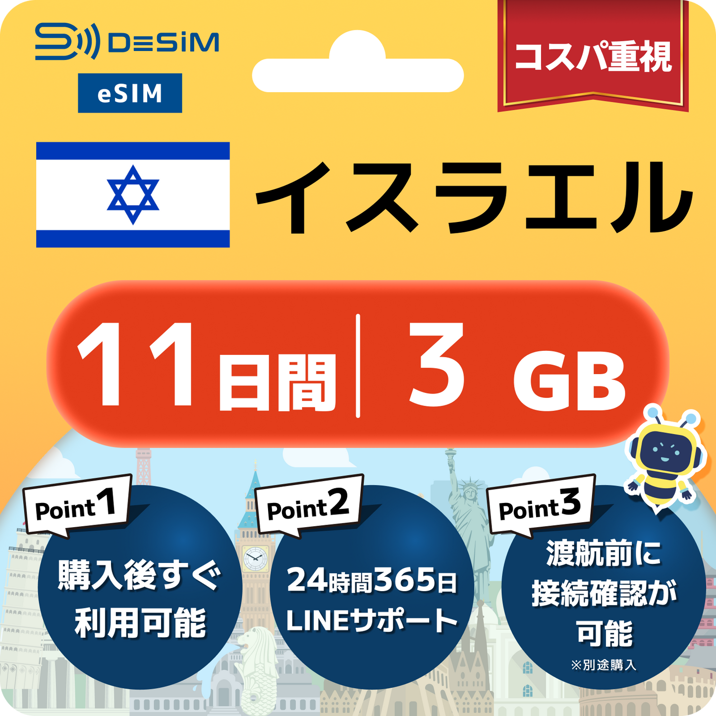 イスラエル eSIM（11~20日間）500MB～50GB選択可能 即日開通 テザリング対応