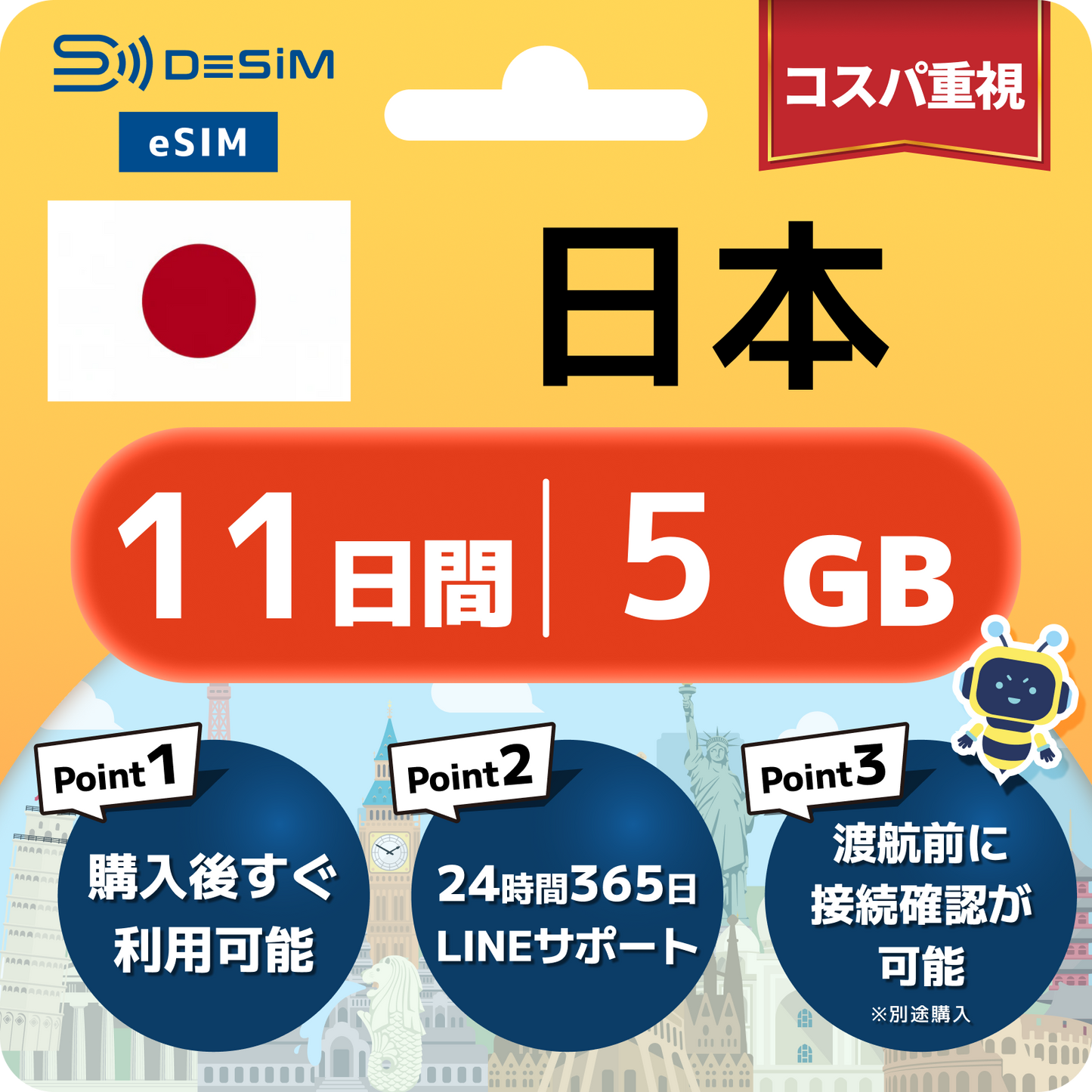 日本 eSIM（11~20日間）500MB～50GB選択可能 即日開通 テザリング対応