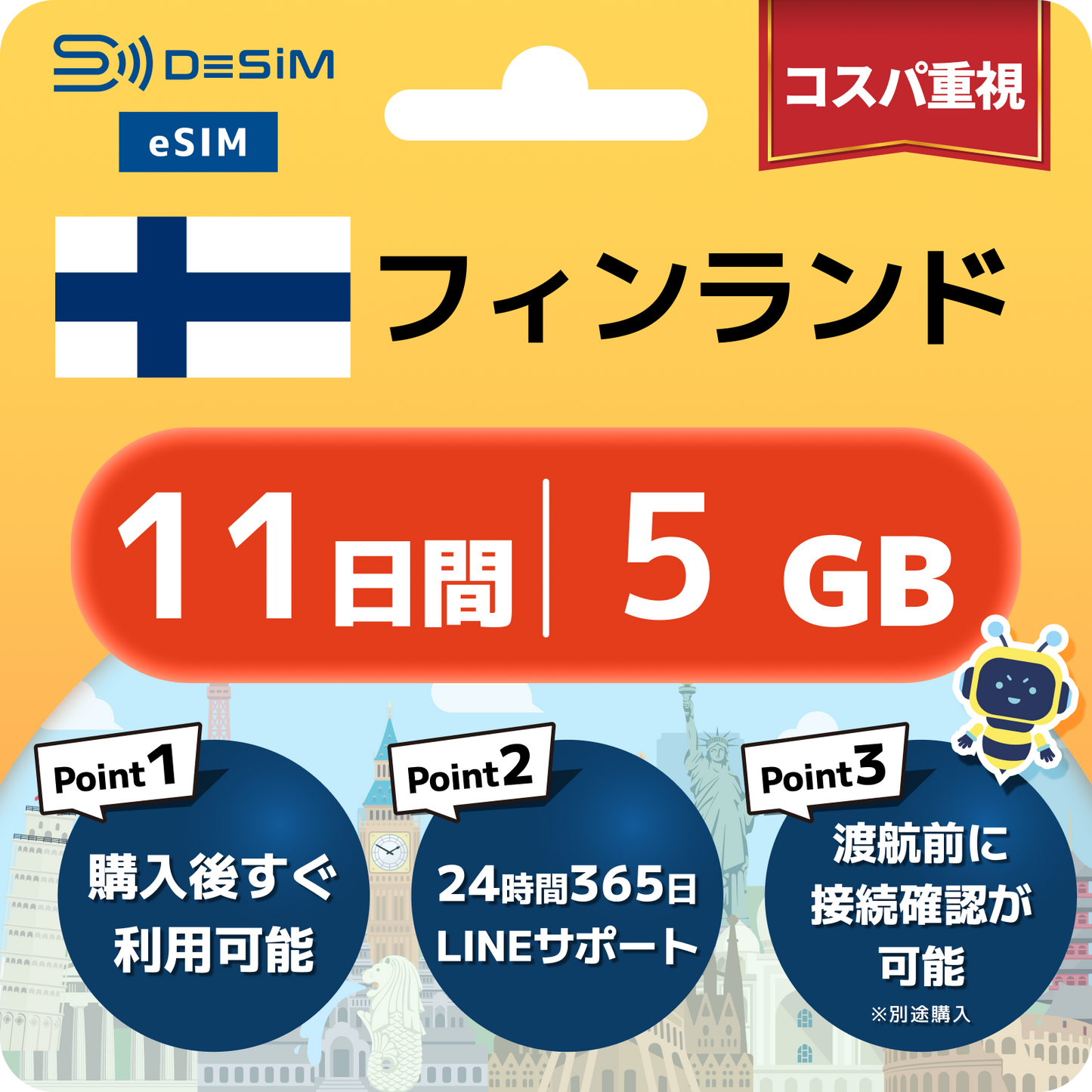 フィンランド eSIM（11~20日間）500MB～50GB選択可能 即日開通 テザリング対応