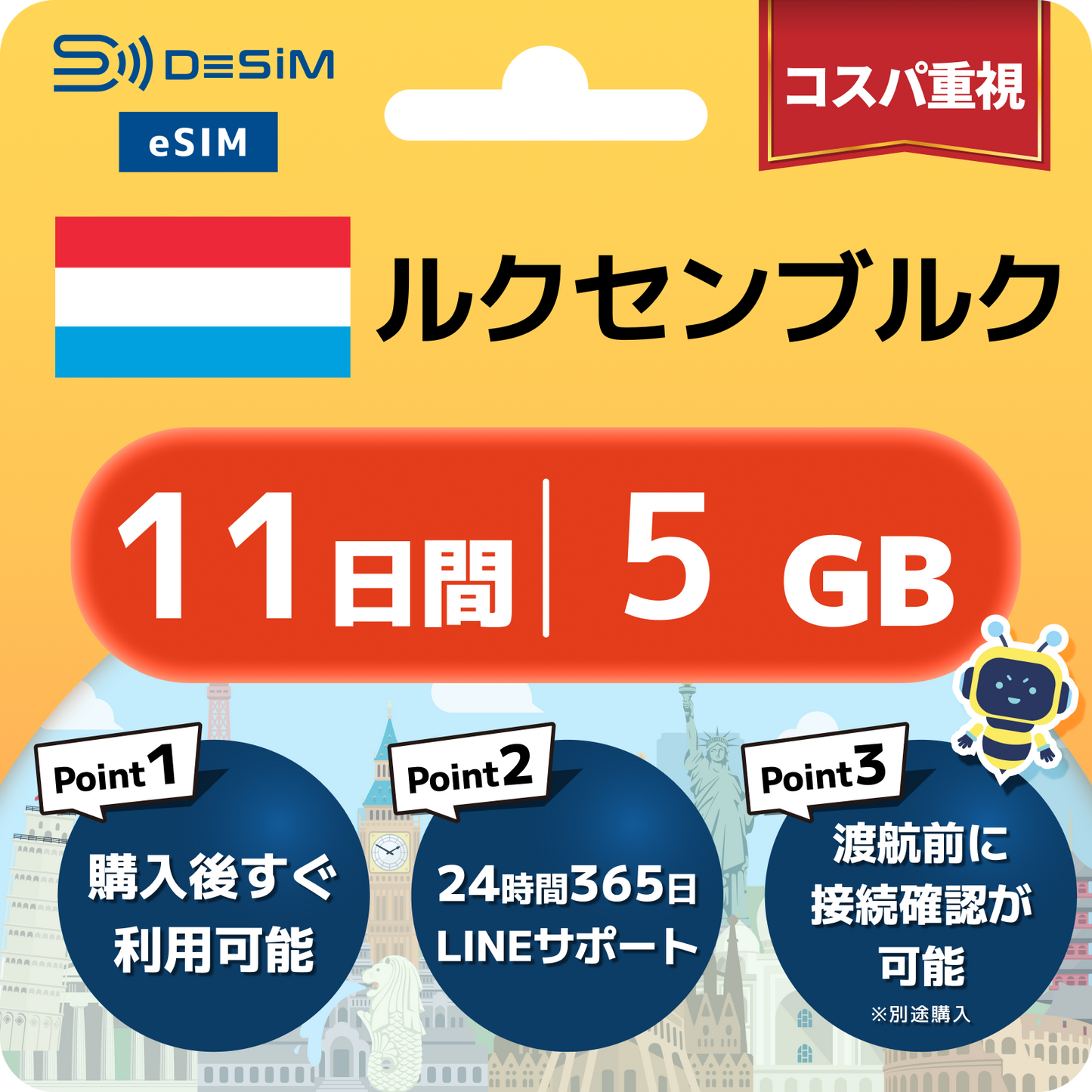 ルクセンブルク eSIM（11~20日間）500MB～50GB選択可能 即日開通 テザリング対応