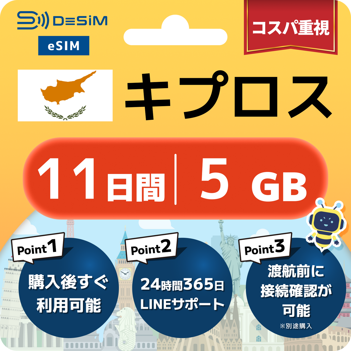キプロス eSIM（11~20日間）500MB～50GB選択可能 即日開通 テザリング対応