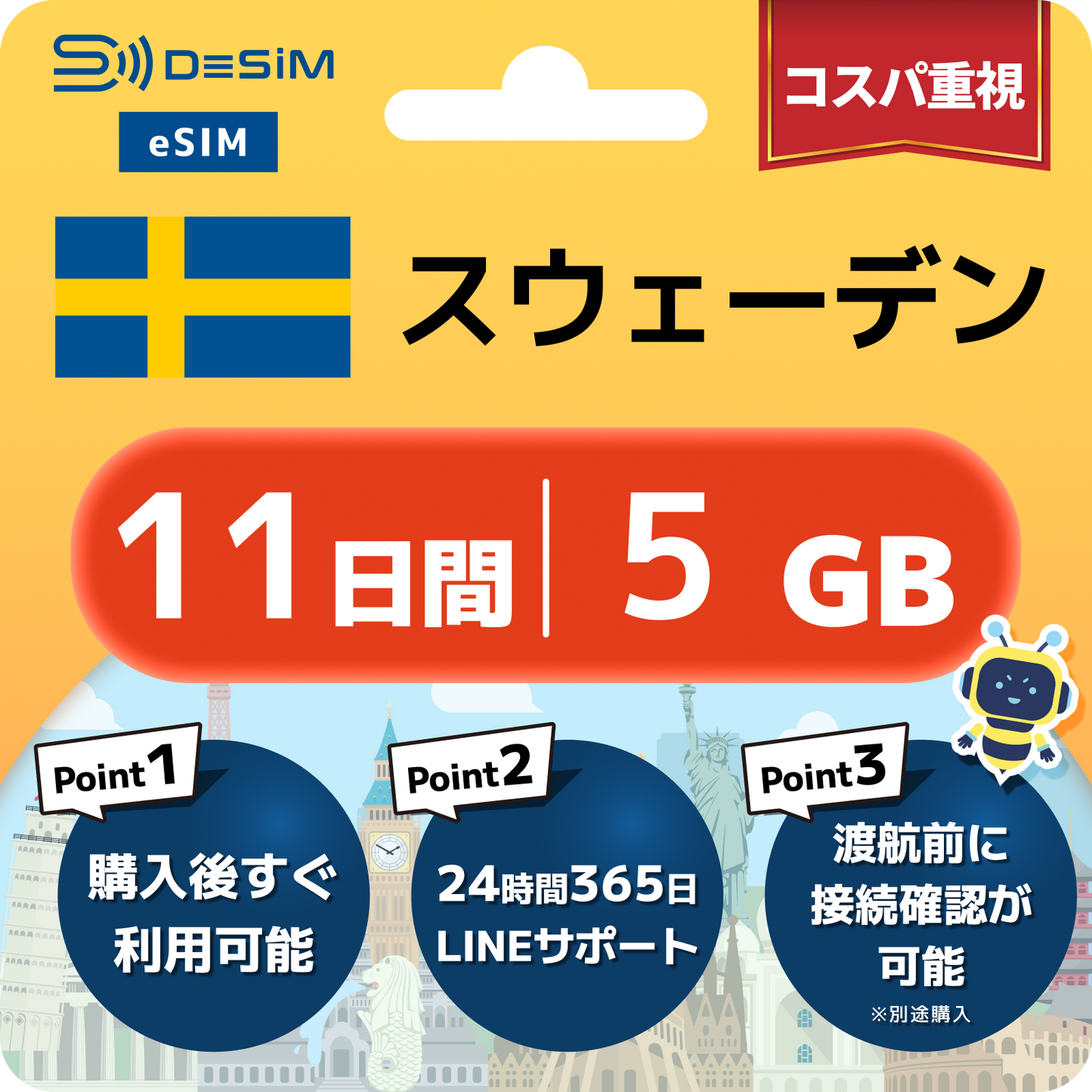スウェーデン eSIM（11~20日間）500MB～50GB選択可能 即日開通 テザリング対応