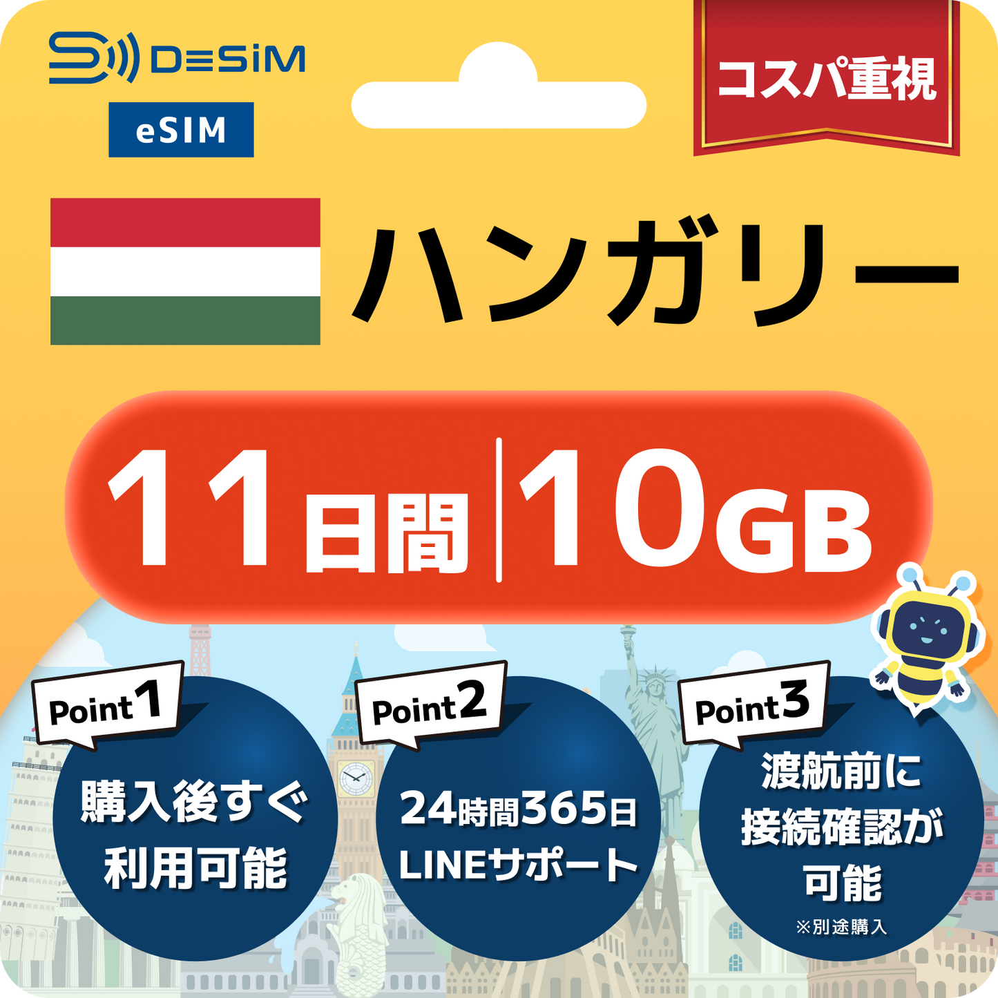 ハンガリー eSIM（11~20日間）500MB～50GB選択可能 即日開通 テザリング対応