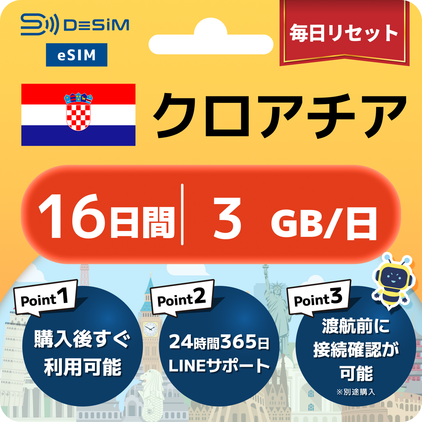 クロアチア eSIM（11~20日間）500MB～50GB選択可能 即日開通 テザリング対応