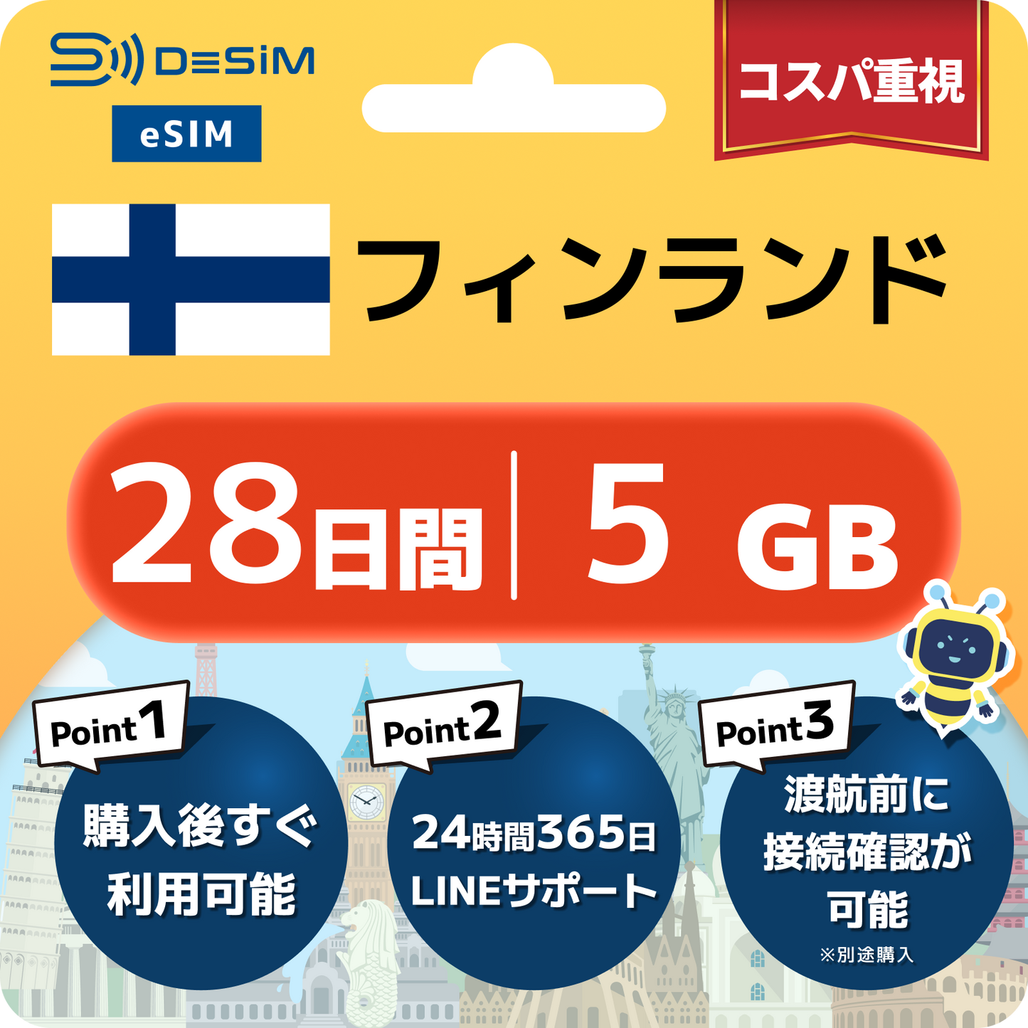 フィンランド eSIM（21~30日間）500MB～50GB選択可能 即日開通 テザリング対応