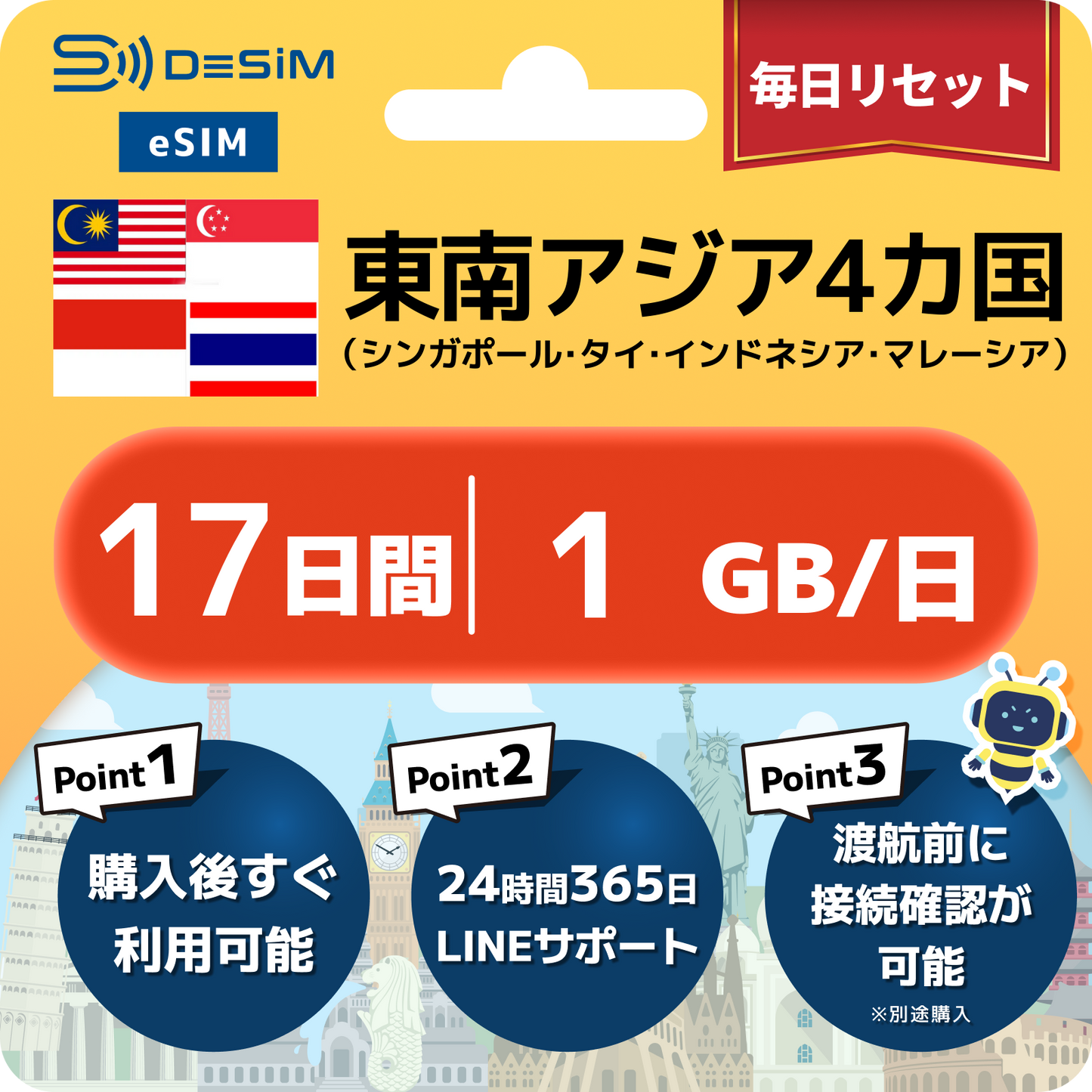 東南アジア eSIM（11~20日間）500MB～50GB選択可能 即日開通 テザリング対応