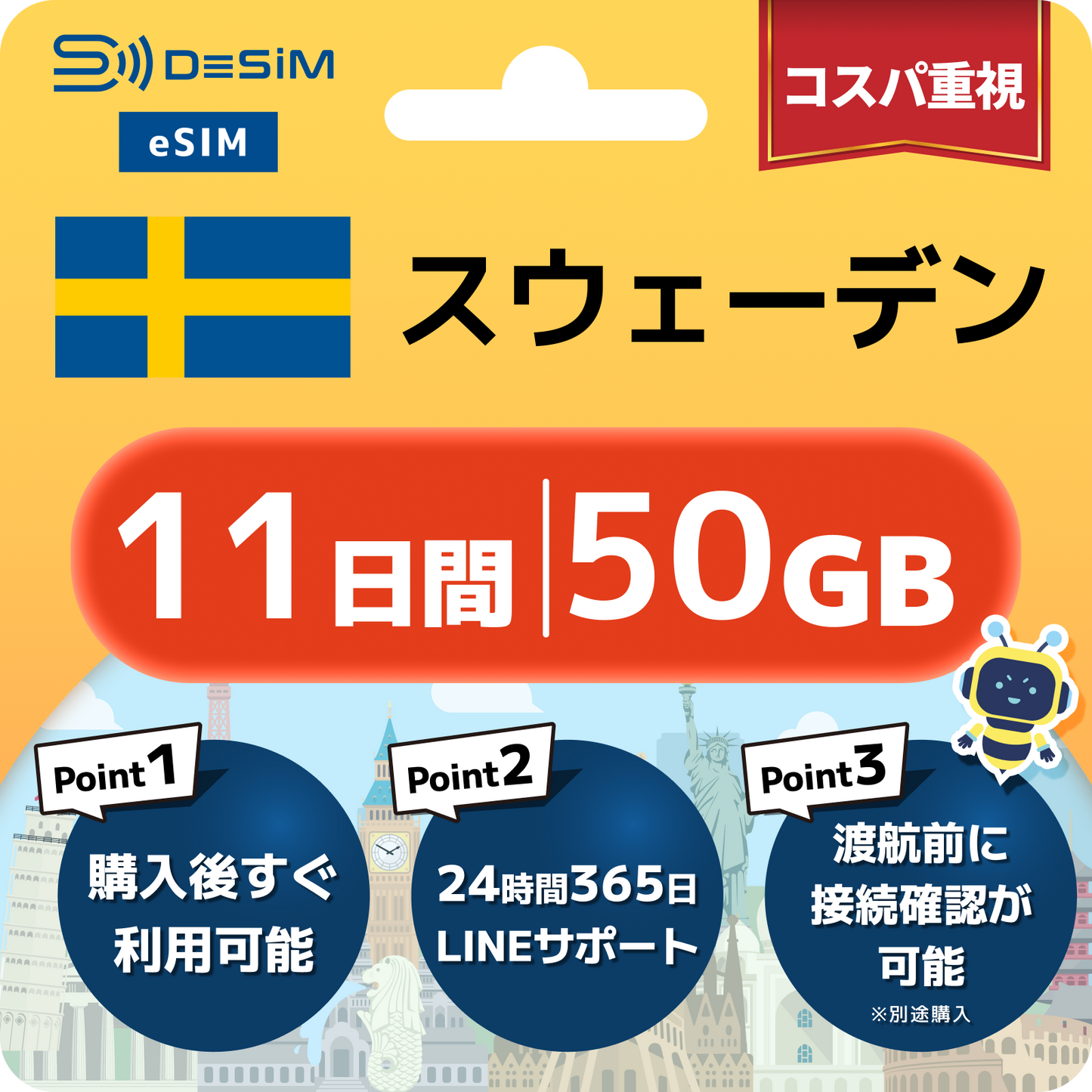 スウェーデン eSIM（11~20日間）500MB～50GB選択可能 即日開通 テザリング対応