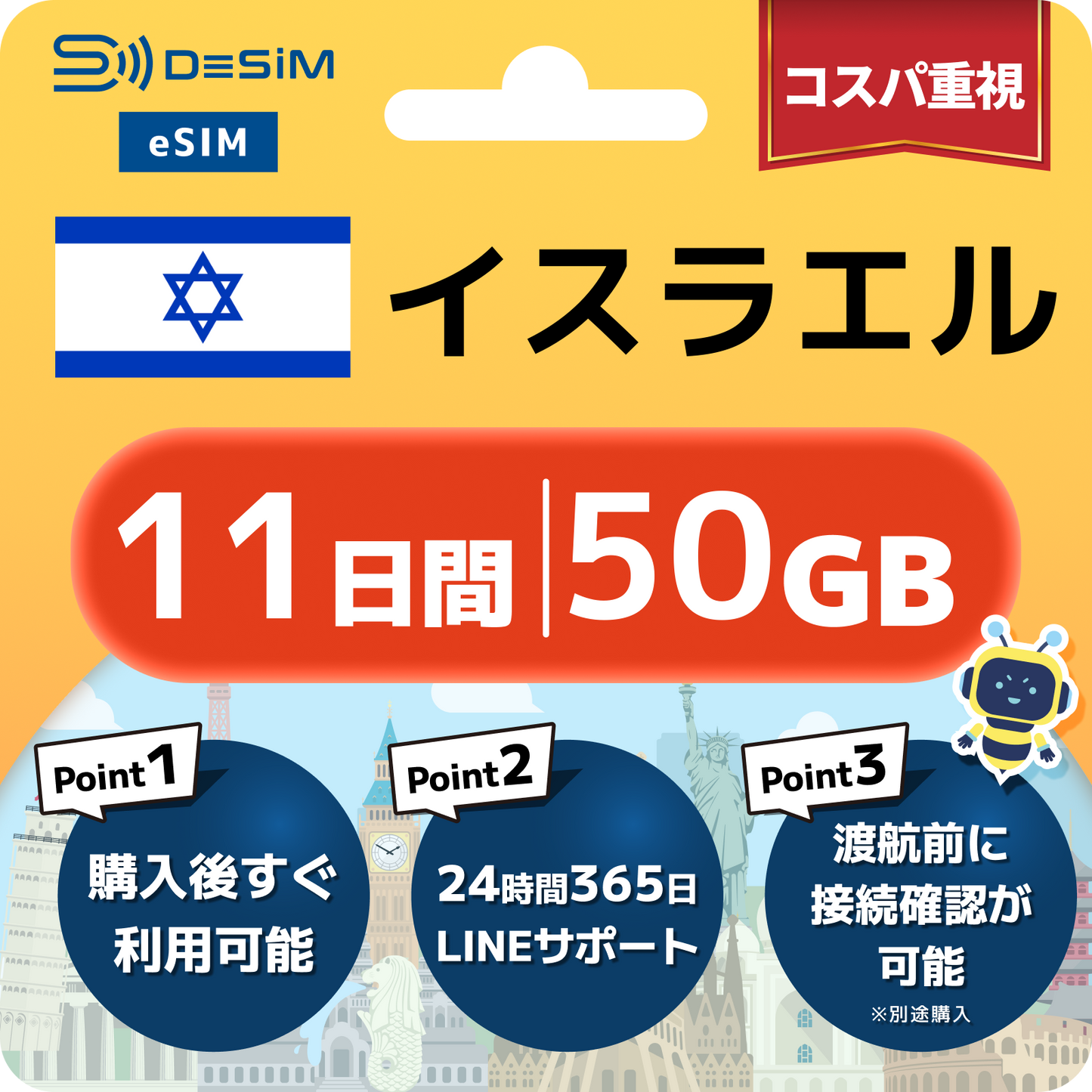 イスラエル eSIM（11~20日間）500MB～50GB選択可能 即日開通 テザリング対応