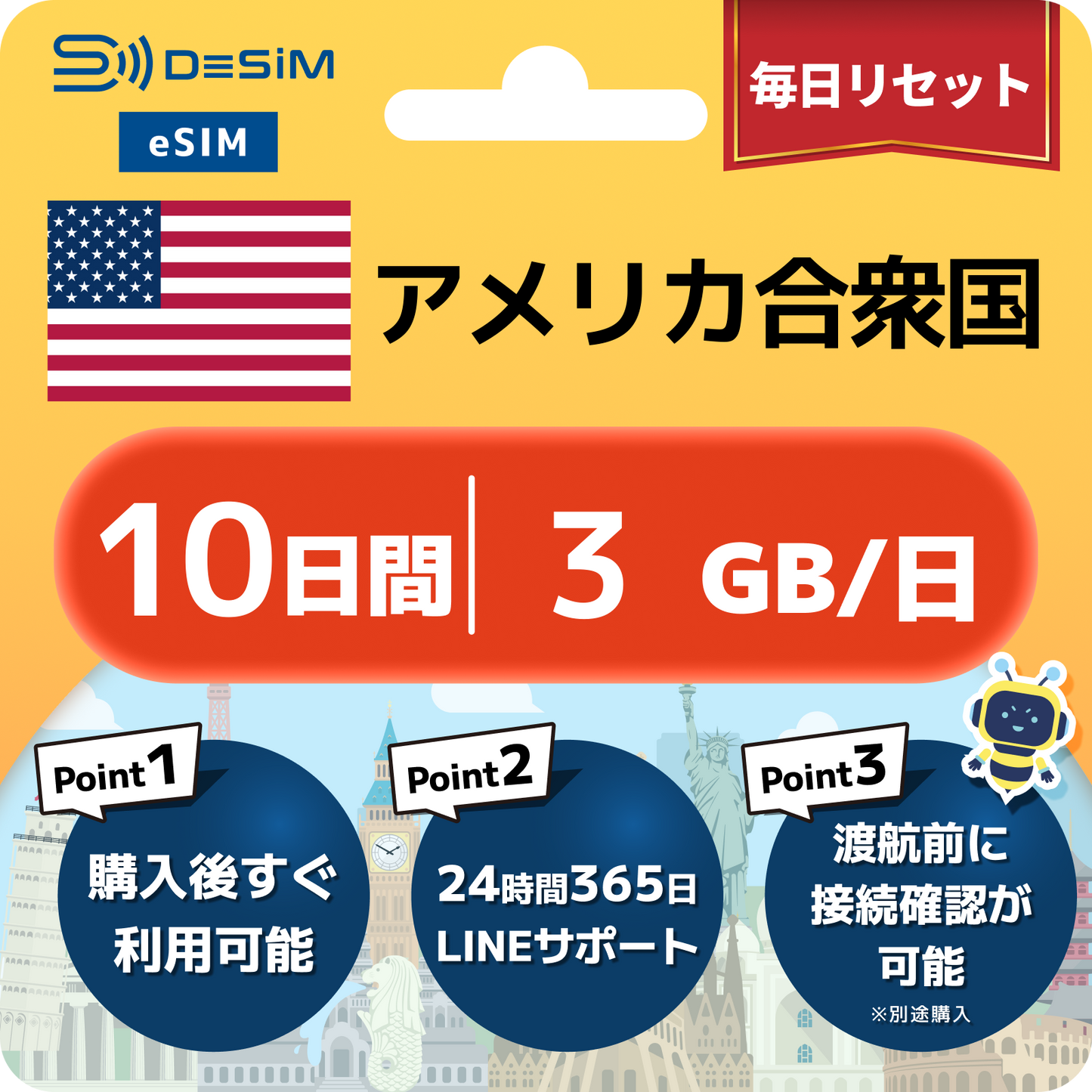 アメリカ eSIM（ 1~10日間）500MB～50GB選択可能 即日開通 テザリング対応