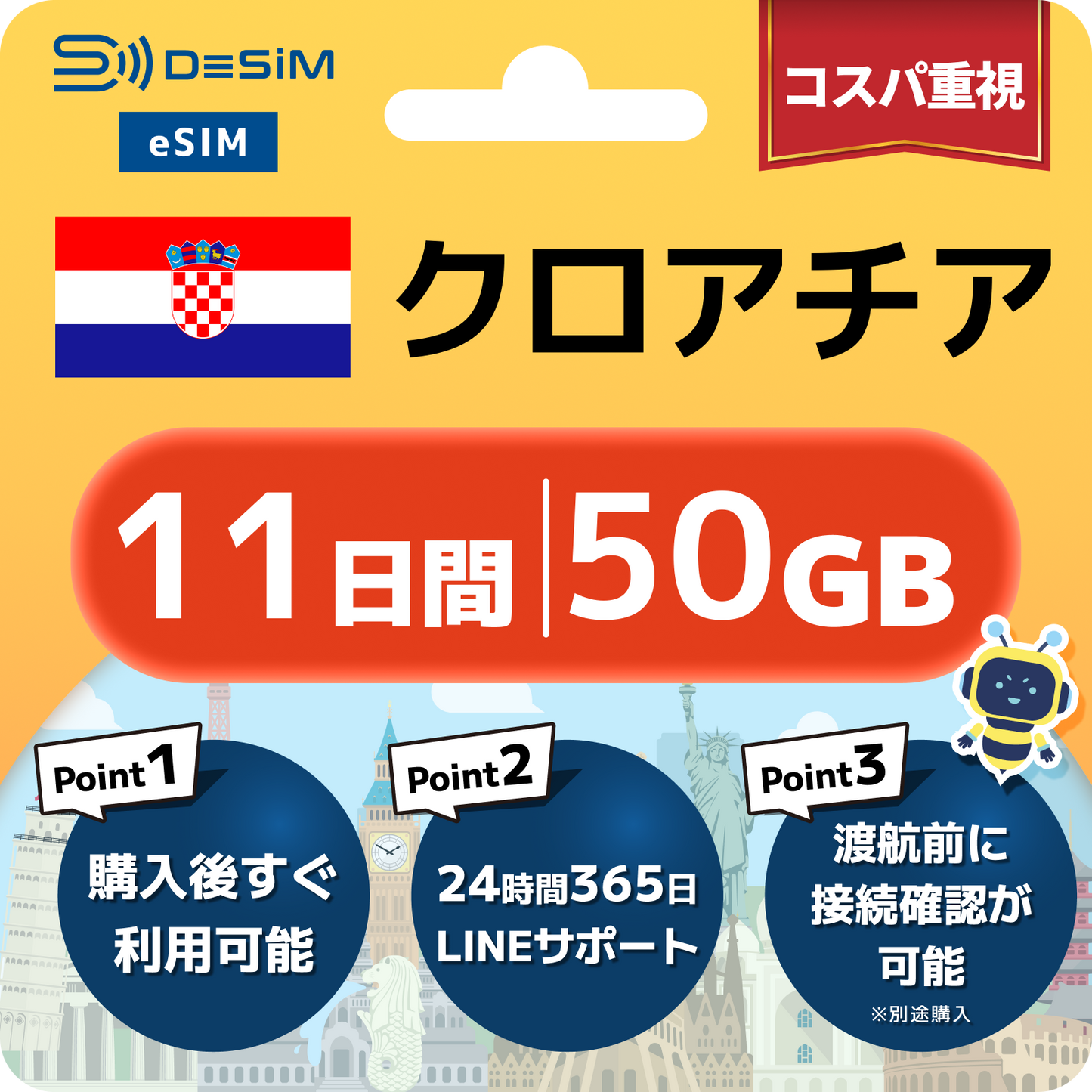 クロアチア eSIM（11~20日間）500MB～50GB選択可能 即日開通 テザリング対応