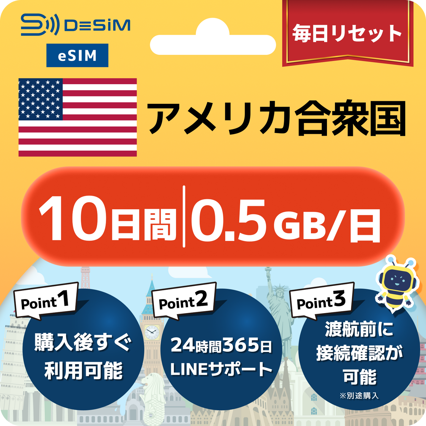 アメリカ eSIM（ 1~10日間）500MB～50GB選択可能 即日開通 テザリング対応