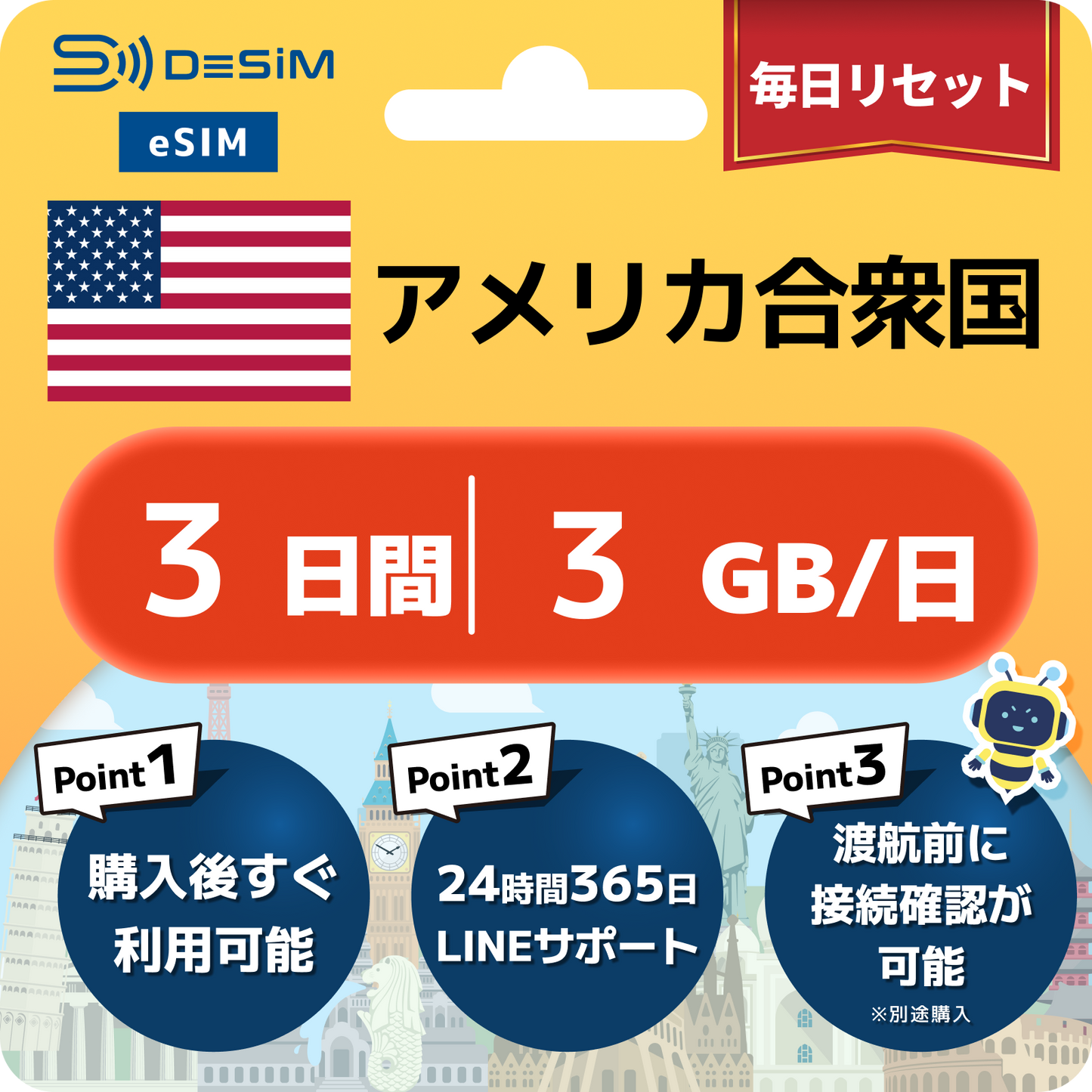 アメリカ eSIM（ 1~10日間）500MB～50GB選択可能 即日開通 テザリング対応