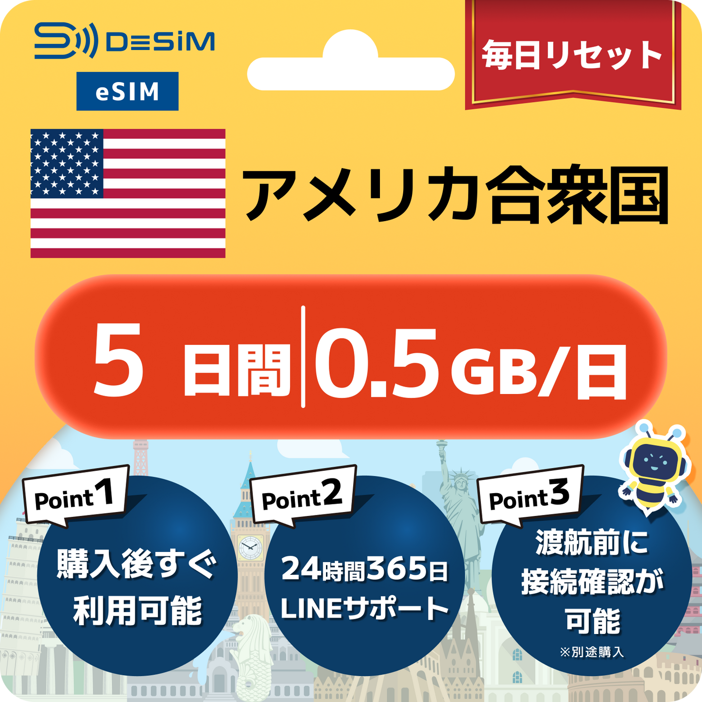アメリカ eSIM（ 1~10日間）500MB～50GB選択可能 即日開通 テザリング対応
