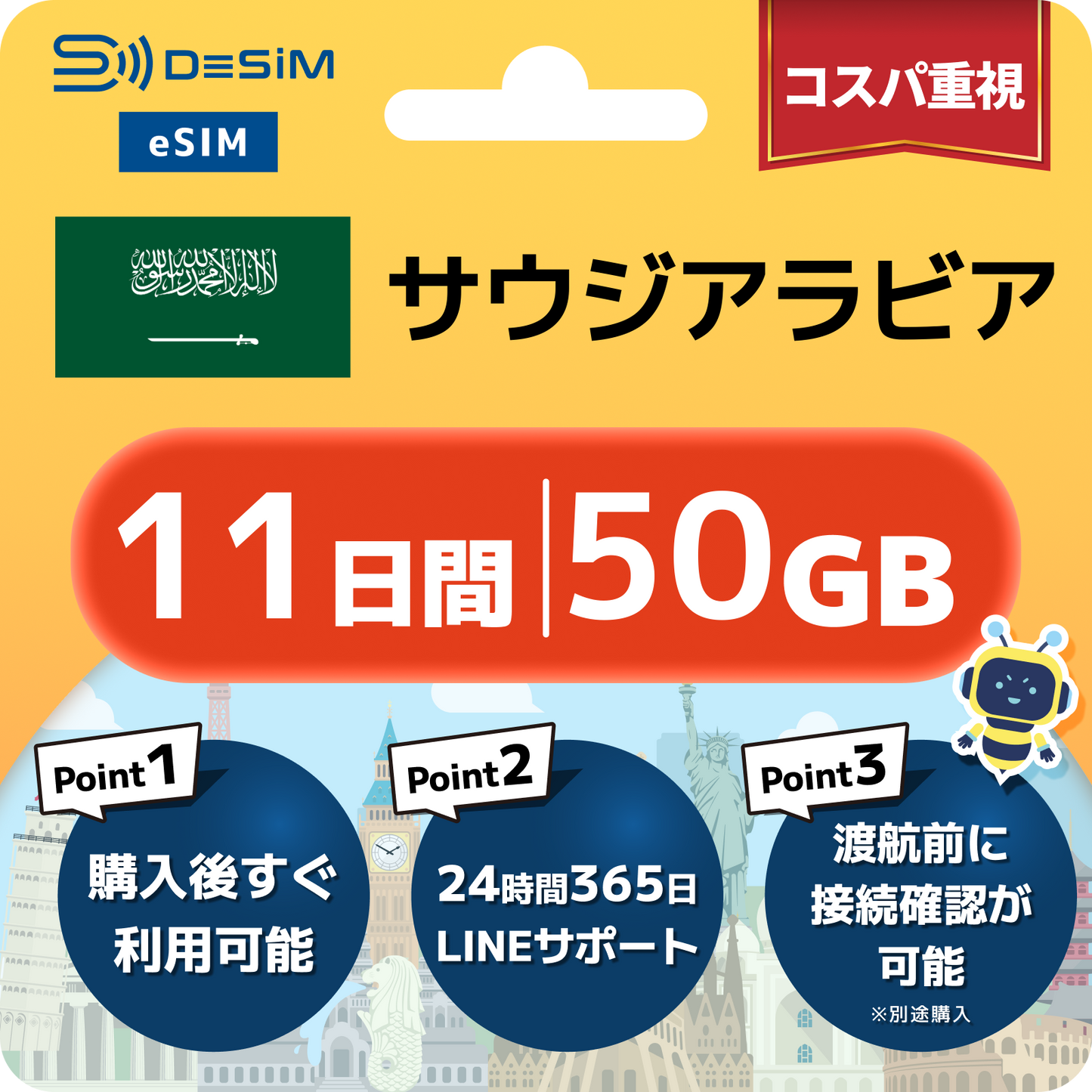 サウジアラビア eSIM（11~20日間）500MB～50GB選択可能 即日開通 テザリング対応