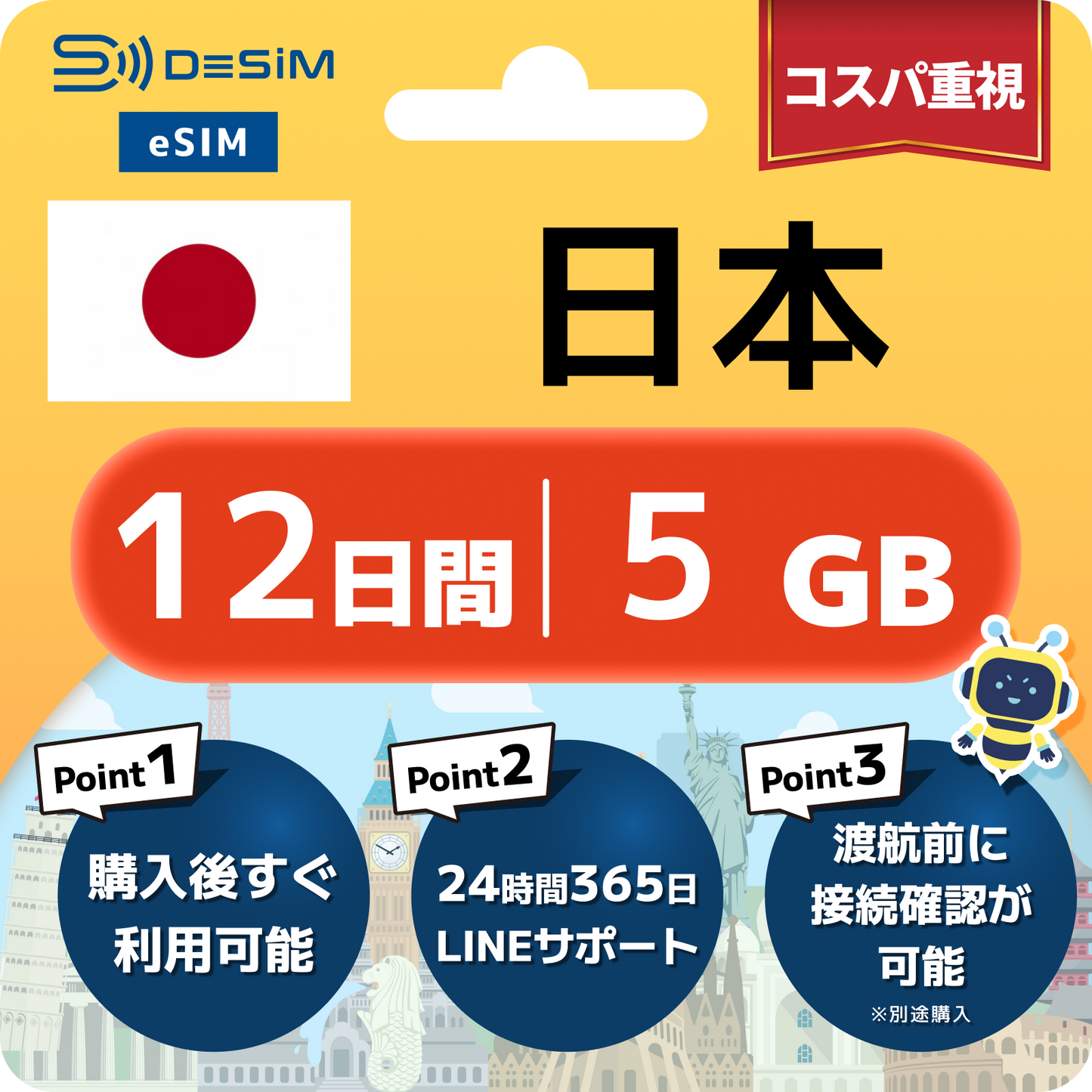 日本 eSIM（11~20日間）500MB～50GB選択可能 即日開通 テザリング対応