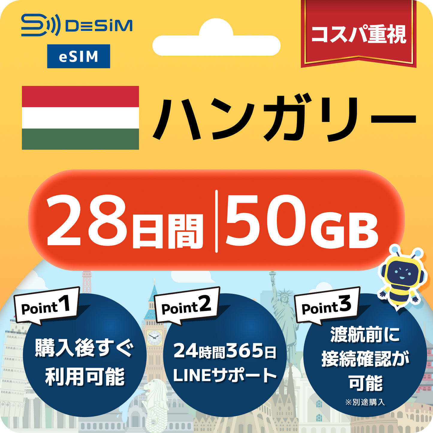 ハンガリー eSIM（21~30日間）500MB～50GB選択可能 即日開通 テザリング対応