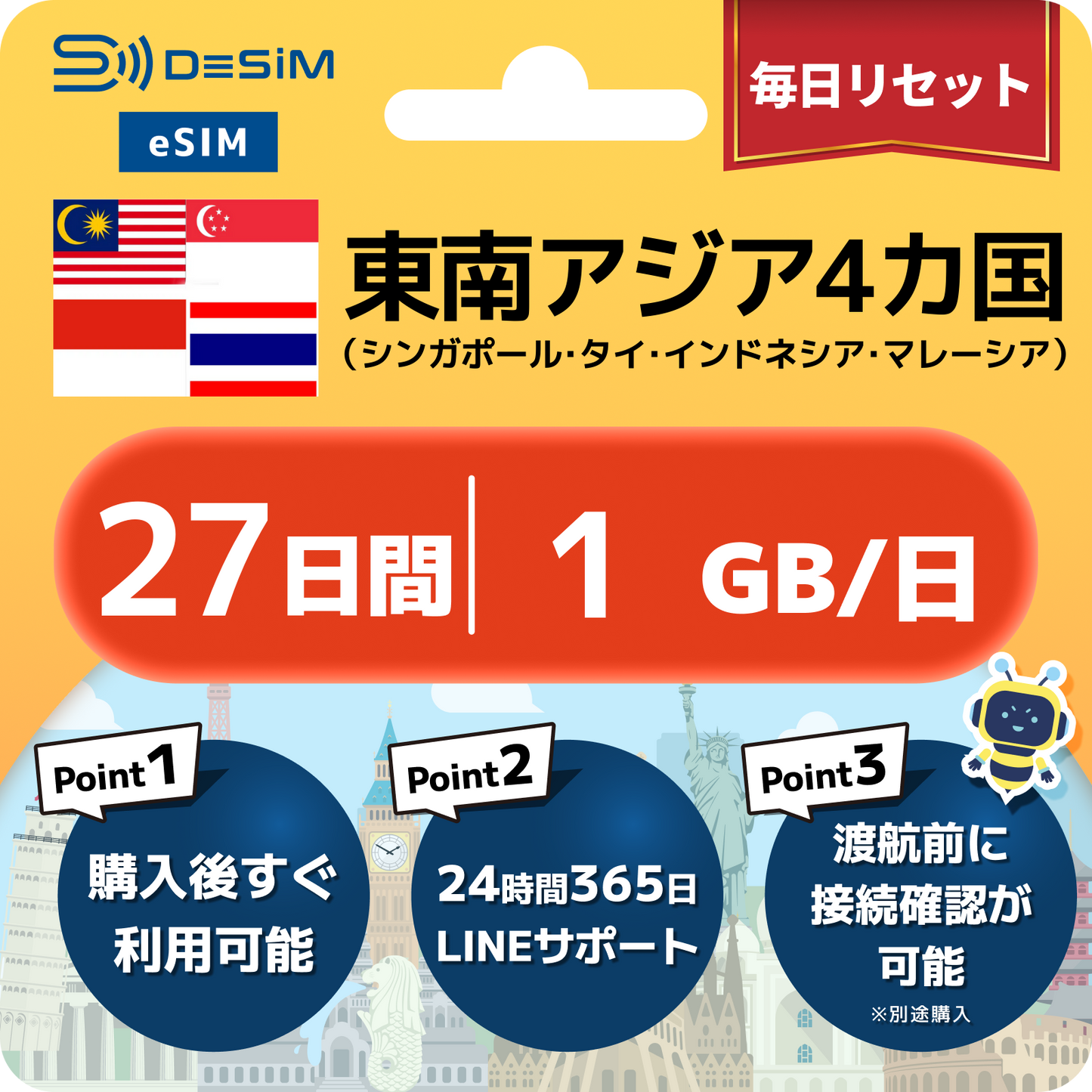 東南アジア eSIM（21~30日間）500MB～50GB選択可能 即日開通 テザリング対応