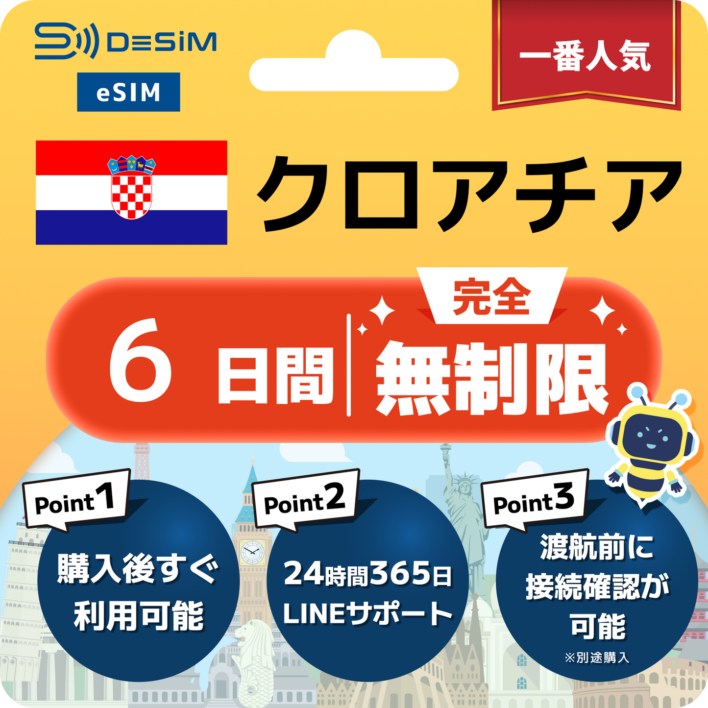 クロアチア eSIM（1~30日間） 完全無制限eSIM 即日開通 テザリング対応