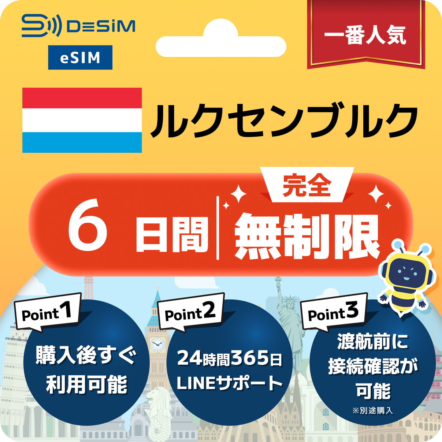 ルクセンブルク eSIM（1~30日間） 完全無制限eSIM 即日開通 テザリング対応