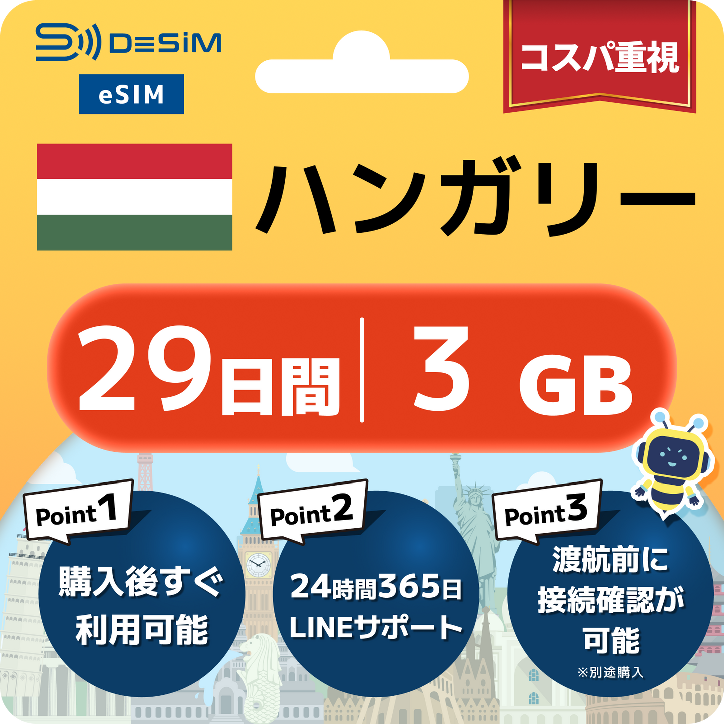 ハンガリー eSIM（21~30日間）500MB～50GB選択可能 即日開通 テザリング対応